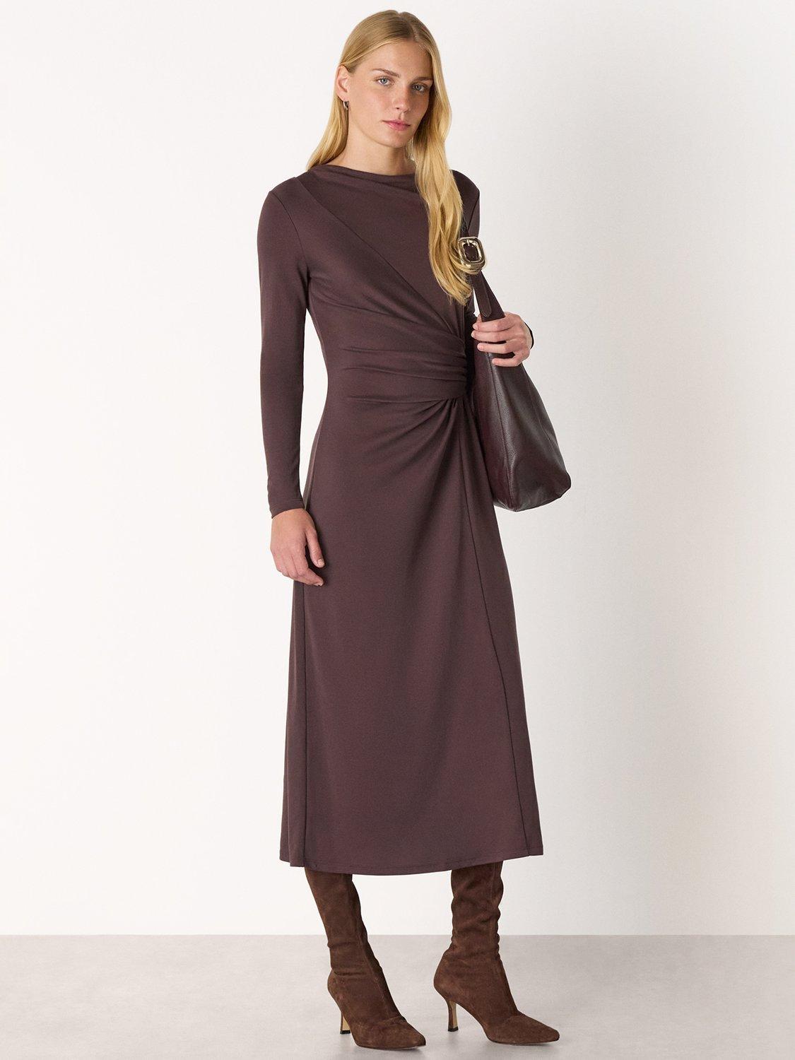 Whistles Ruched Detail Midi Dress, Chocolate