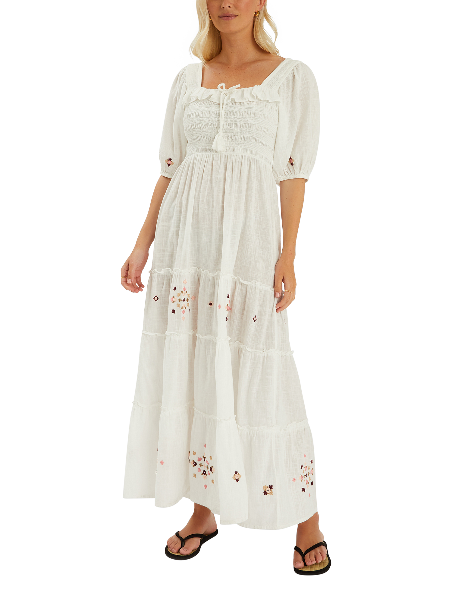 Product image 1 of 4, which shows Accessorize Embroidered Smocked Puff-Sleeve Maxi Dress, Ivory, XS