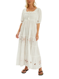 Accessorize Embroidered Smocked Puff-Sleeve Maxi Dress, Ivory