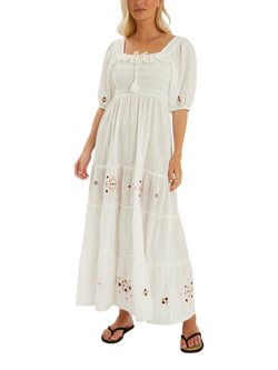 Accessorize Embroidered Smocked Puff-Sleeve Maxi Dress, Ivory, Ivory