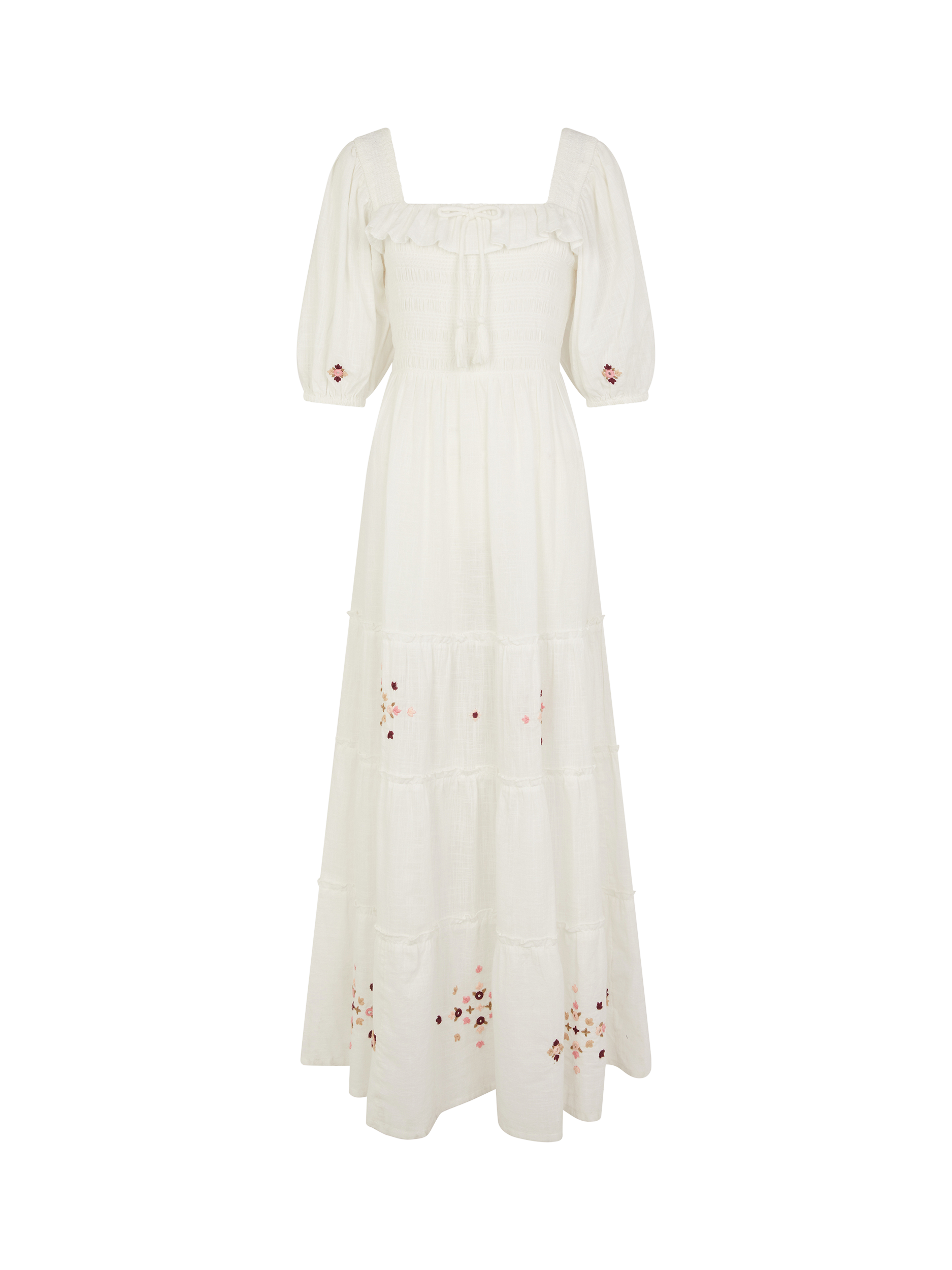 Product image 3 of 4, which shows Accessorize Embroidered Smocked Puff-Sleeve Maxi Dress, Ivory, XS