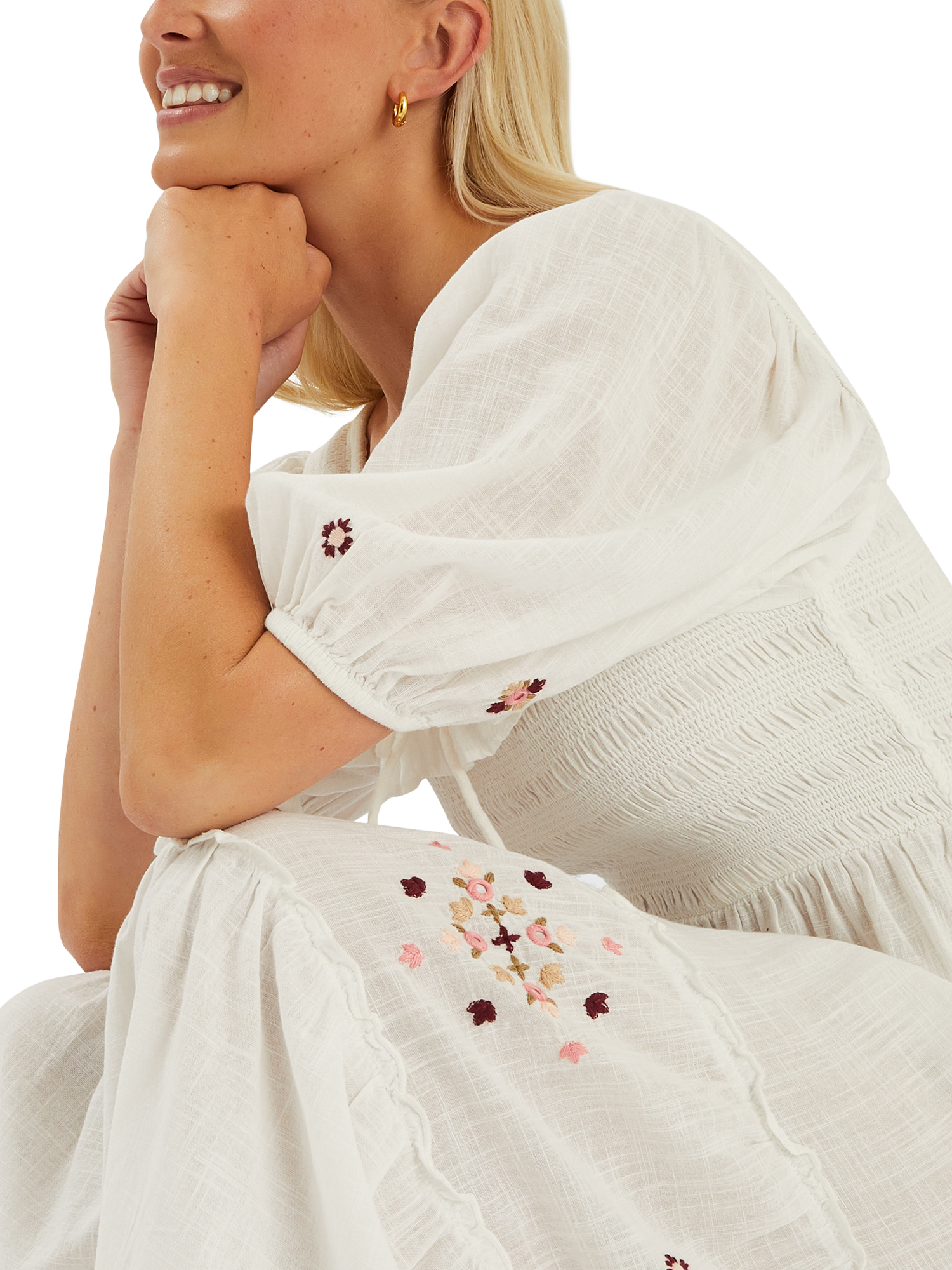 Product image 4 of 4, which shows Accessorize Embroidered Smocked Puff-Sleeve Maxi Dress, Ivory, XS