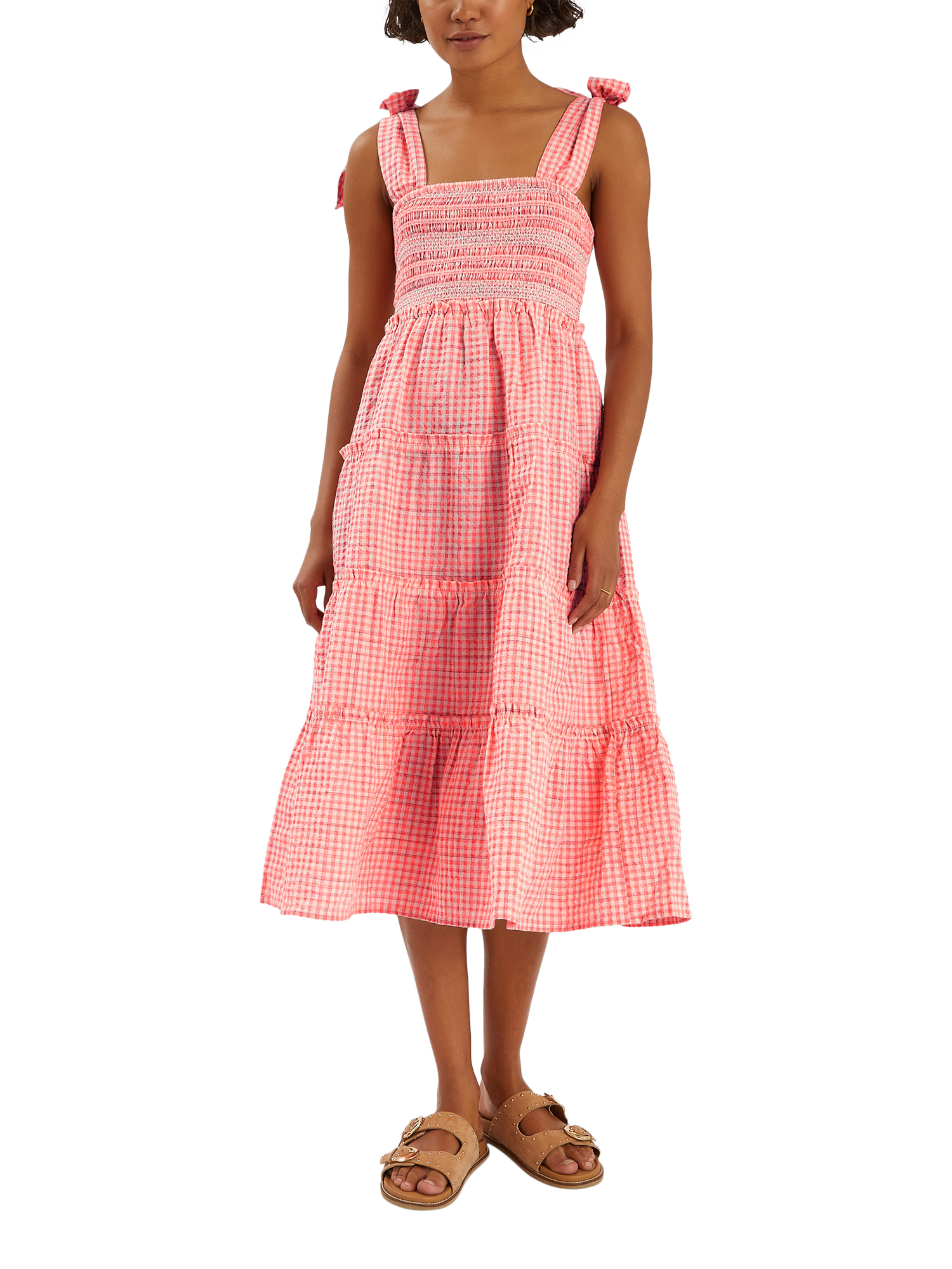 Accessorize Gingham Smocked Frilly Midi Dress, Coral