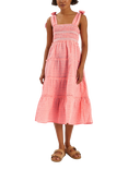 Accessorize Gingham Smocked Frilly Midi Dress, Coral