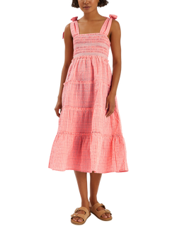 Accessorize Gingham Smocked Frilly Midi Dress, Coral, Coral