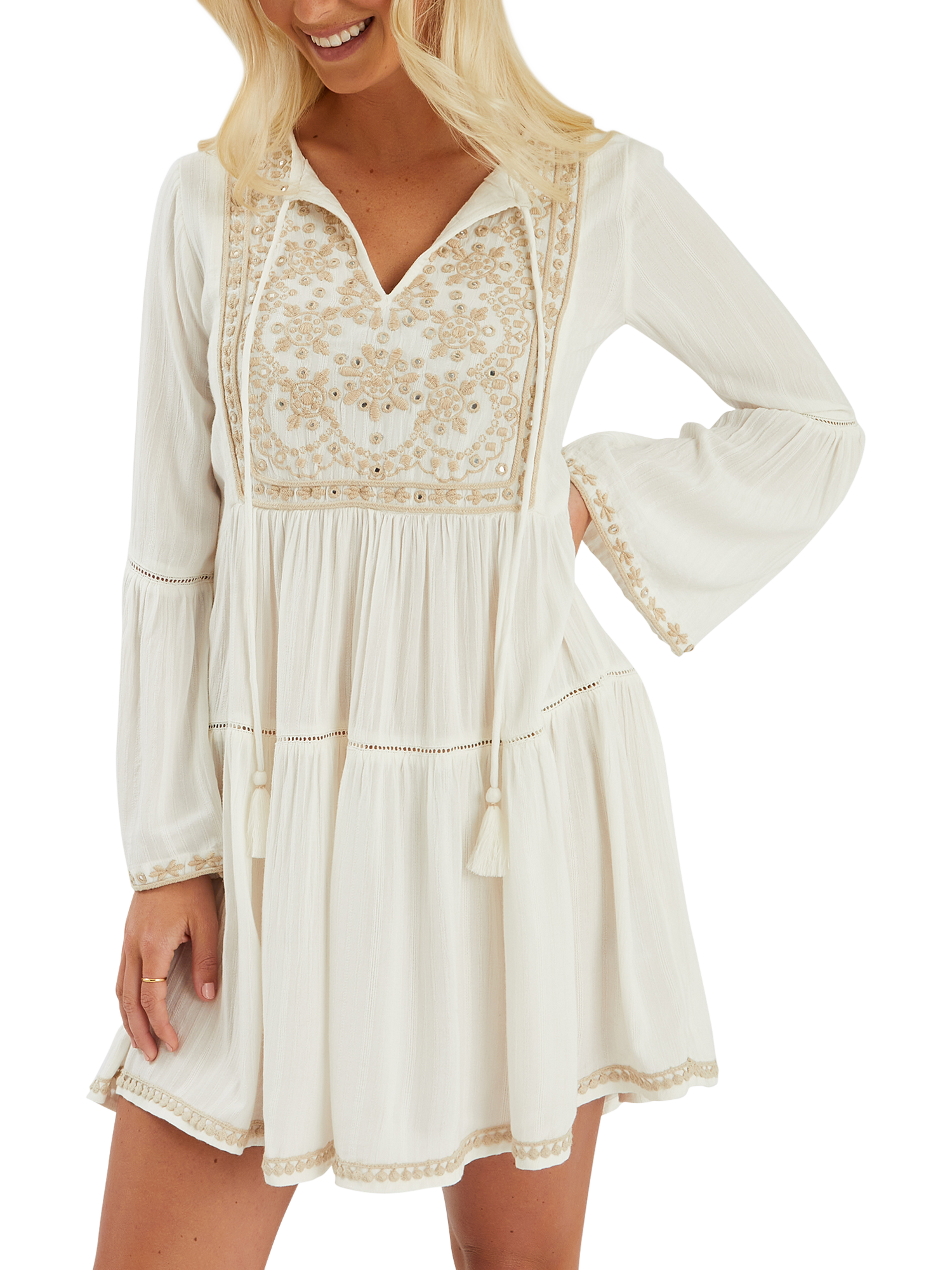 Product image 1 of 4, which shows Accessorize Embroidered Flute-Sleeve Mini Dress, Ivory, XS