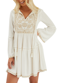 Accessorize Embroidered Flute-Sleeve Mini Dress, Ivory, Ivory