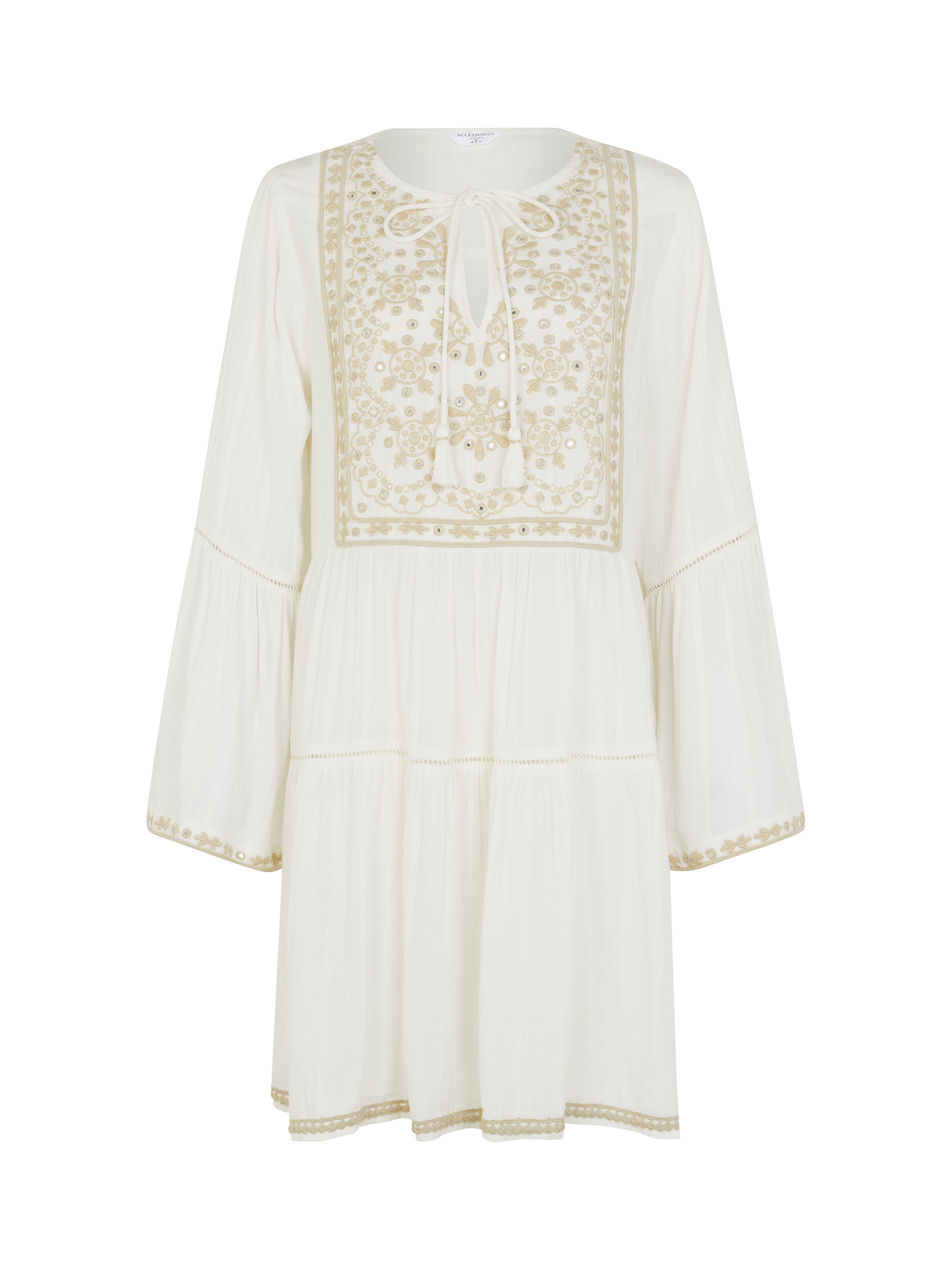 Product image 3 of 4, which shows Accessorize Embroidered Flute-Sleeve Mini Dress, Ivory, XS