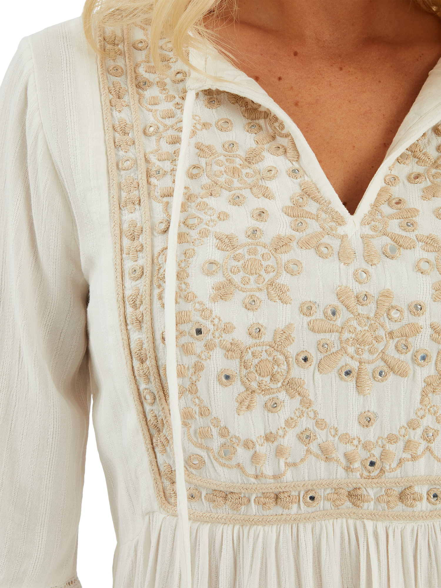 Product image 4 of 4, which shows Accessorize Embroidered Flute-Sleeve Mini Dress, Ivory, XS