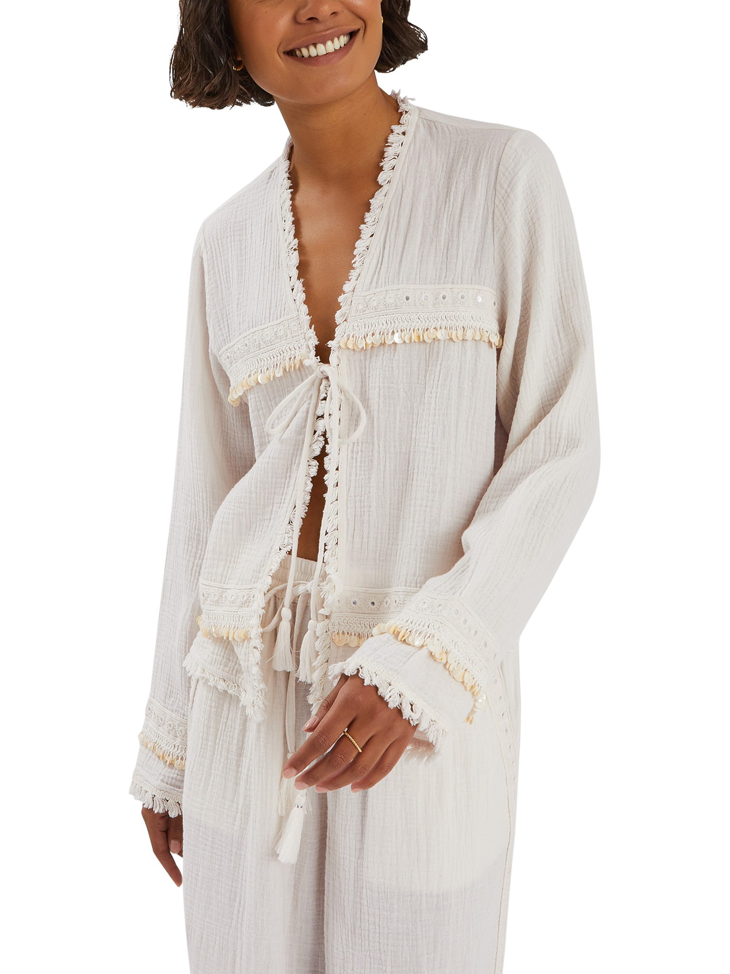 Product image 1 of 4, which shows Accessorize Mirror Embellished Long Sleeve Tie Top, Ivory, S