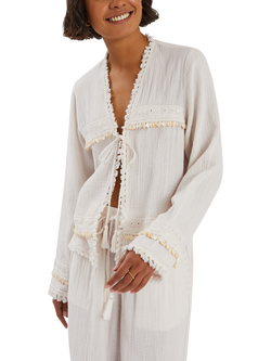 Accessorize Mirror Embellished Long Sleeve Tie Top, Ivory, Ivory