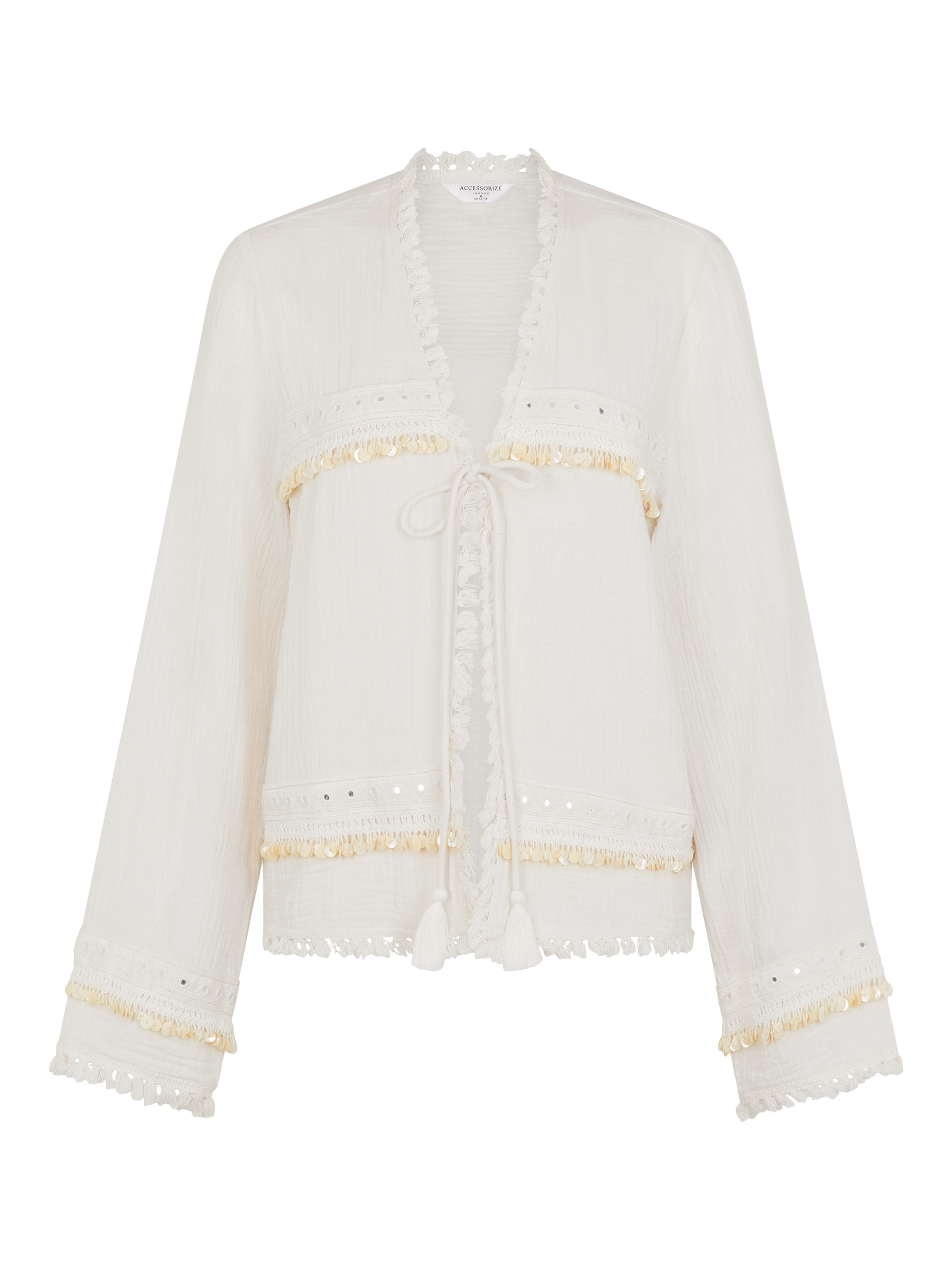 Product image 3 of 4, which shows Accessorize Mirror Embellished Long Sleeve Tie Top, Ivory, S