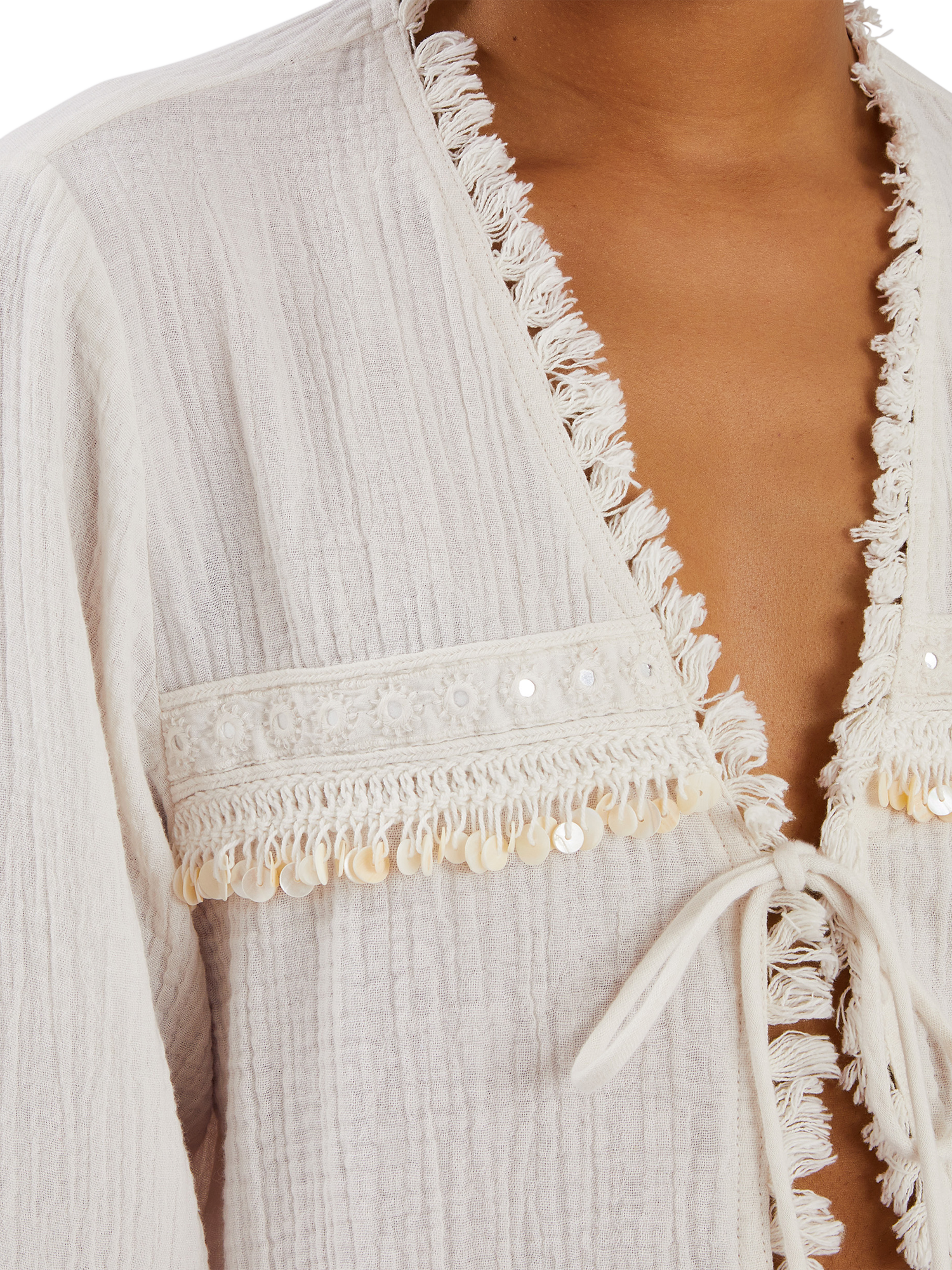 Product image 4 of 4, which shows Accessorize Mirror Embellished Long Sleeve Tie Top, Ivory, S