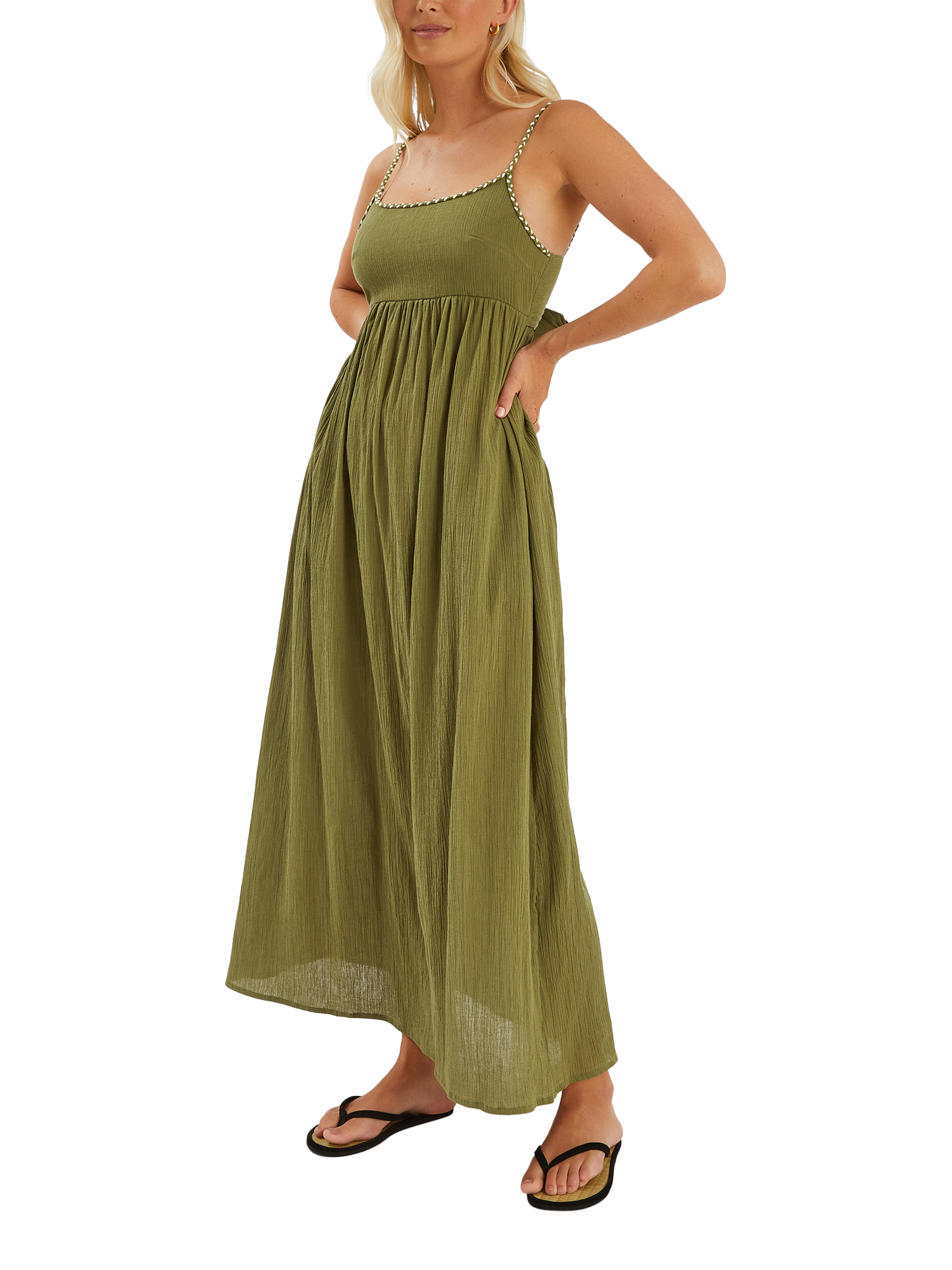 Product image 1 of 4, which shows Accessorize Tie-Back Sleeveless Maxi Dress, Khaki, XS