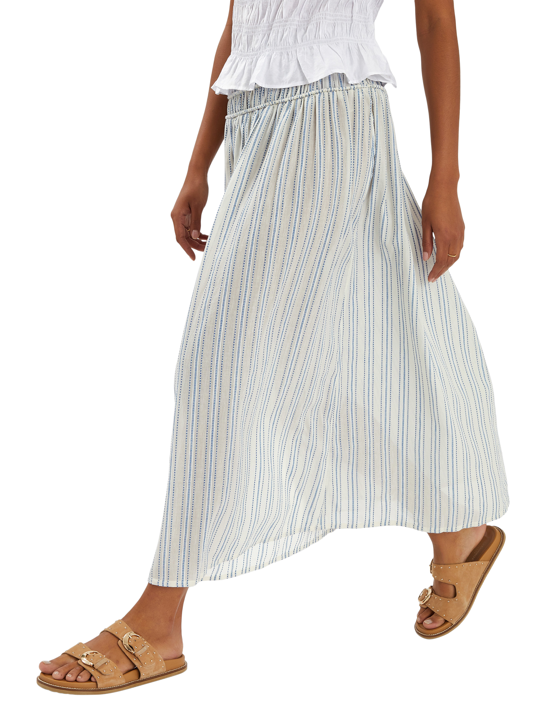 Product image 1 of 4, which shows Accessorize Stripe Gathered Waist Maxi Skirt, White, S