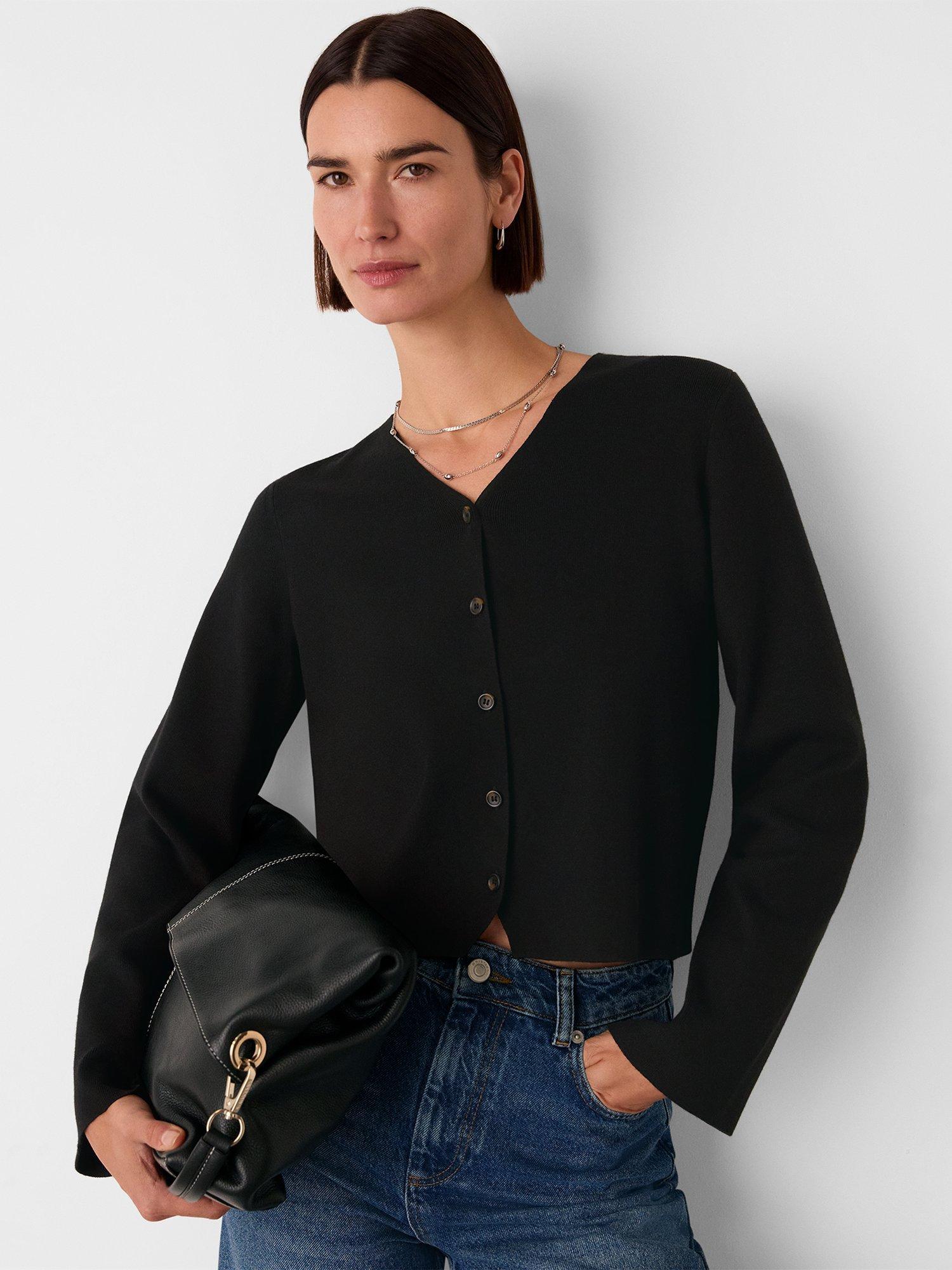 Product image 3 of 6, which shows Whistles V-Neck Button Front Cotton Blend Cardigan, Black, L
