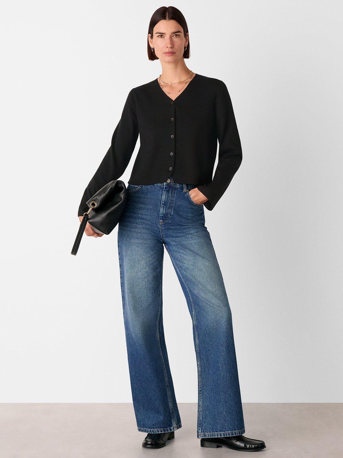 Product image 4 of 6, which shows Whistles V-Neck Button Front Cotton Blend Cardigan, Black, L