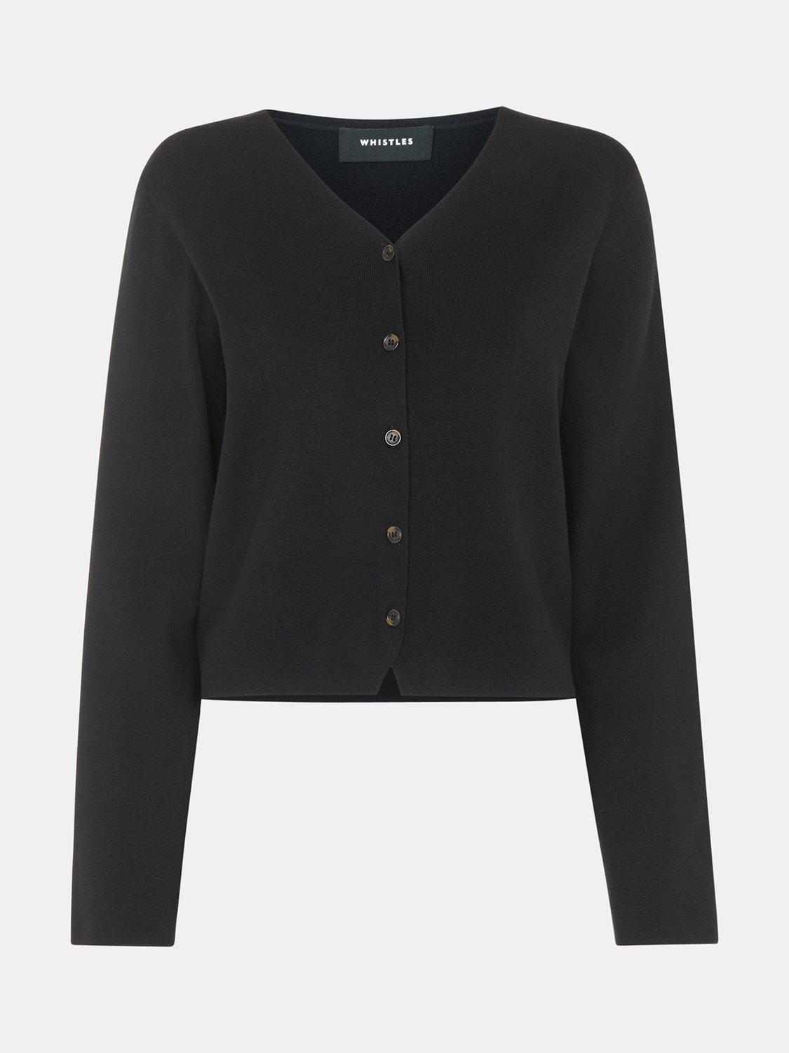 Product image 6 of 6, which shows Whistles V-Neck Button Front Cotton Blend Cardigan, Black, L