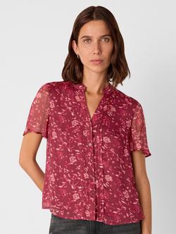 Whistles Ditsy Floral V-Neck Shirt, Burgundy/Multi, Burgundy/Multi