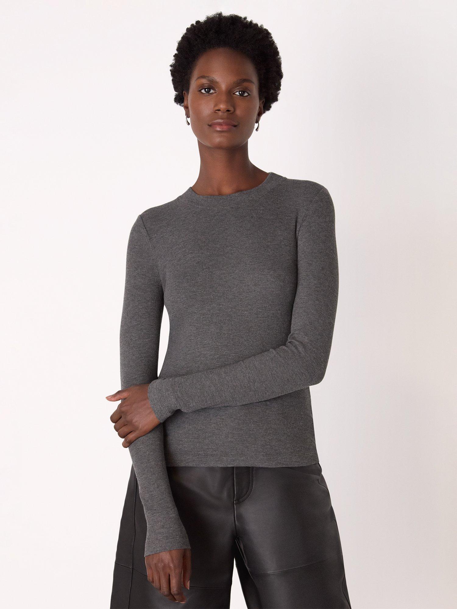 Product image 1 of 5, which shows Whistles Essential Ribbed Crew Neck Top, Dark Grey, 6
