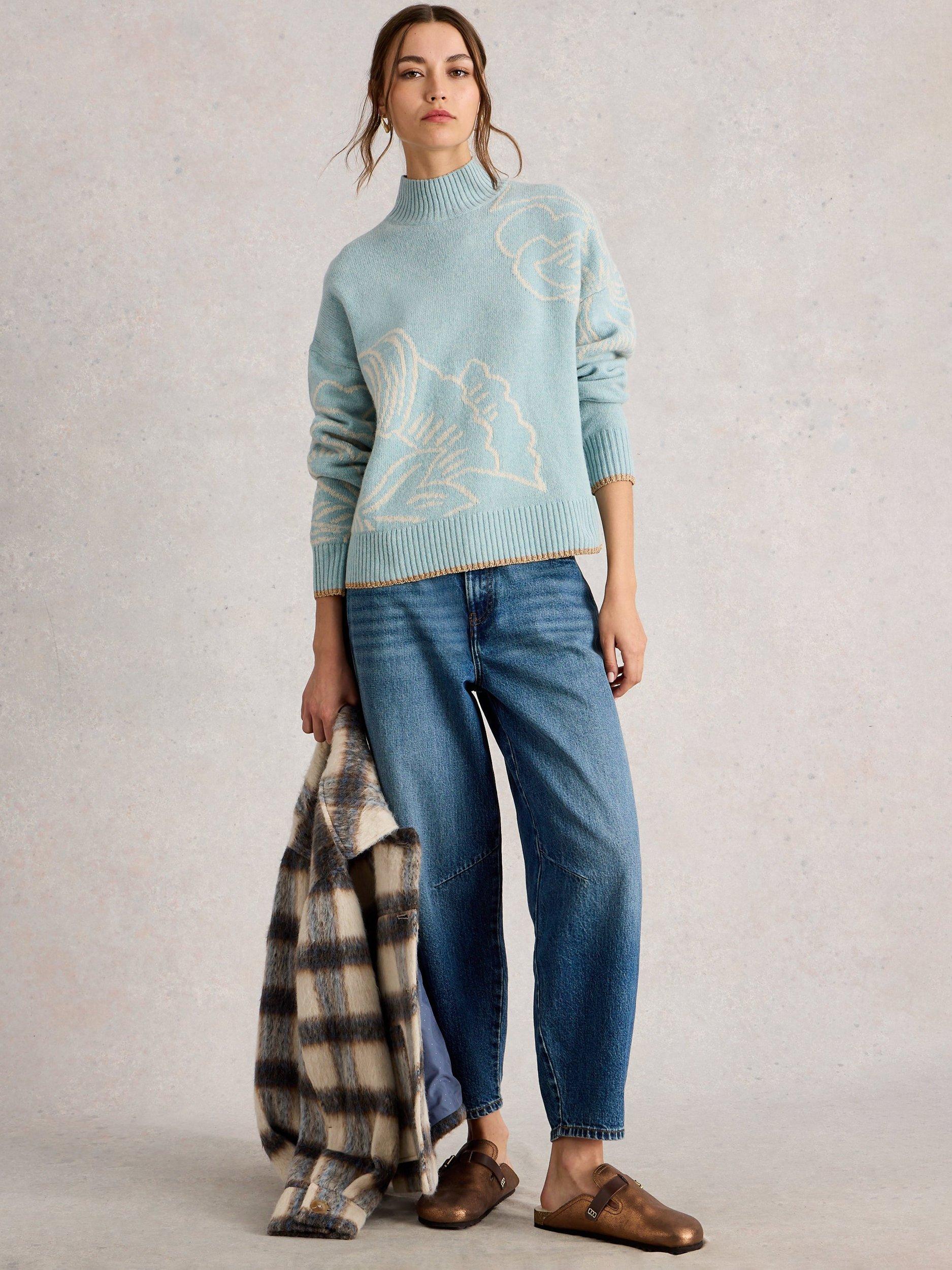 Product image 1 of 11, which shows White Stuff Fenella Embroidered Wool Blend Jumper, Blue/Multi, 10