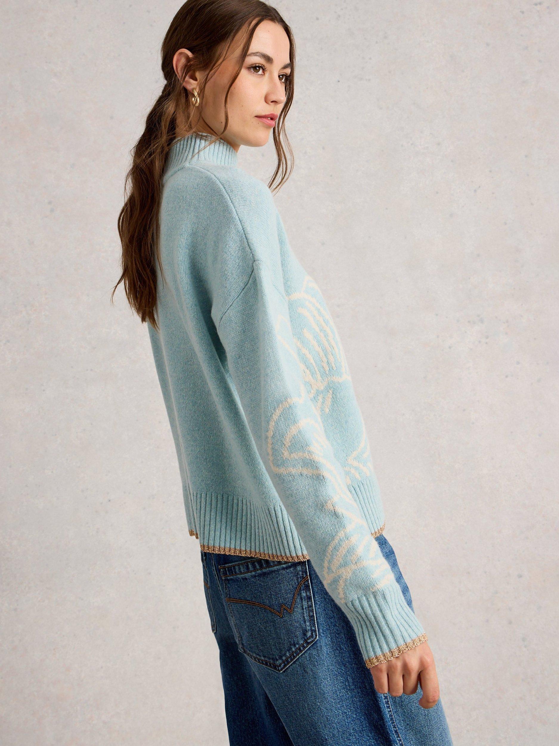 Product image 2 of 11, which shows White Stuff Fenella Embroidered Wool Blend Jumper, Blue/Multi, 10