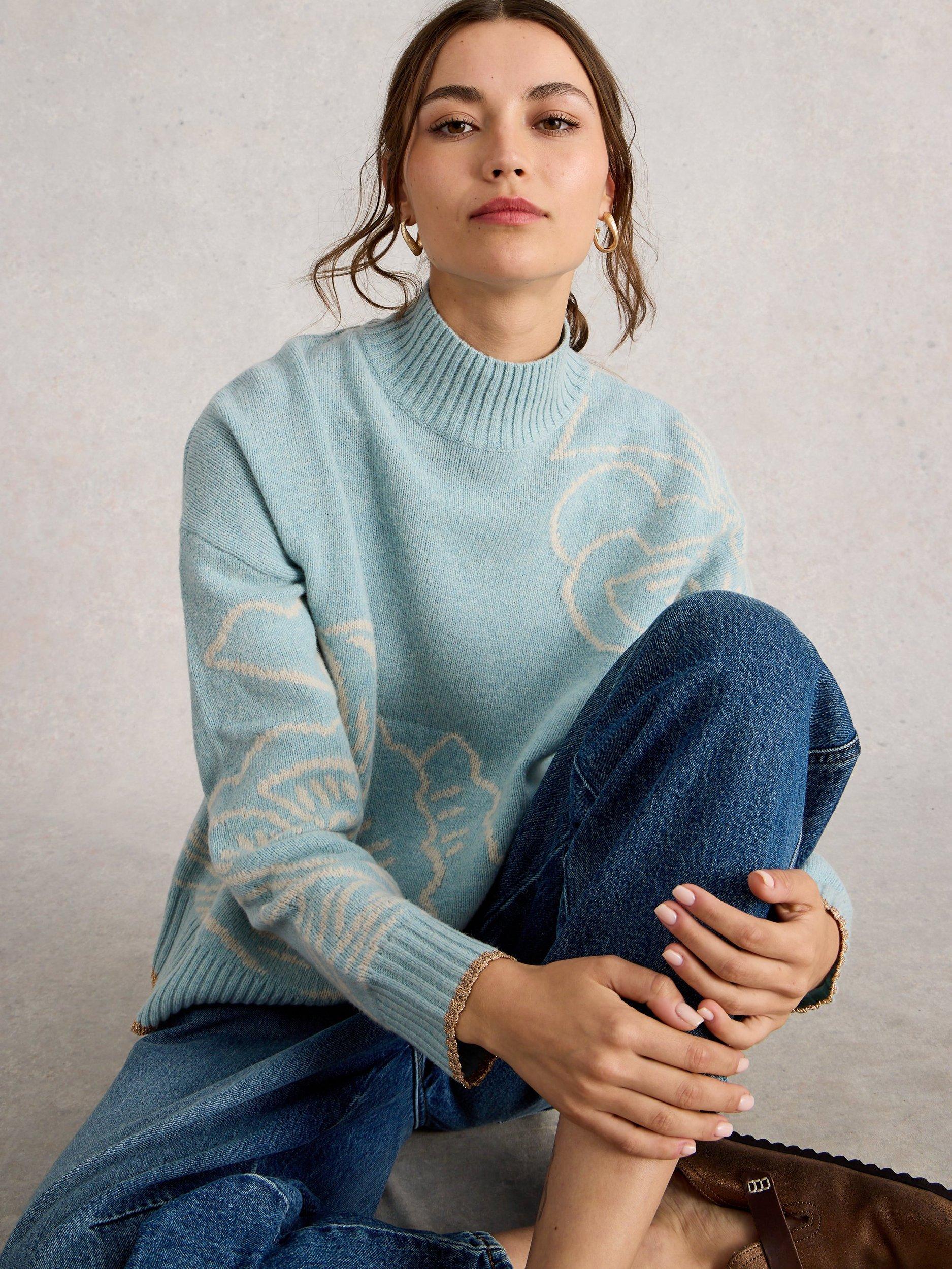 Product image 4 of 11, which shows White Stuff Fenella Embroidered Wool Blend Jumper, Blue/Multi, 10