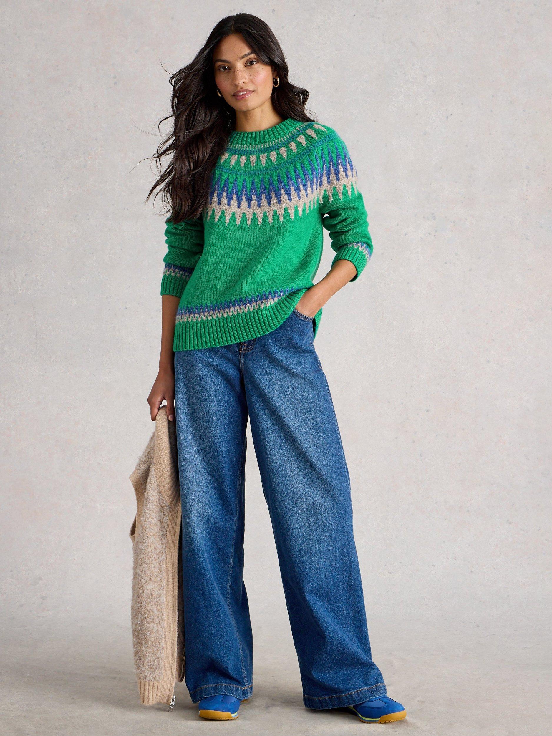 Product image 1 of 6, which shows White Stuff Fifi Fair Isle Wool Rich Jumper, Green/Multi, 6