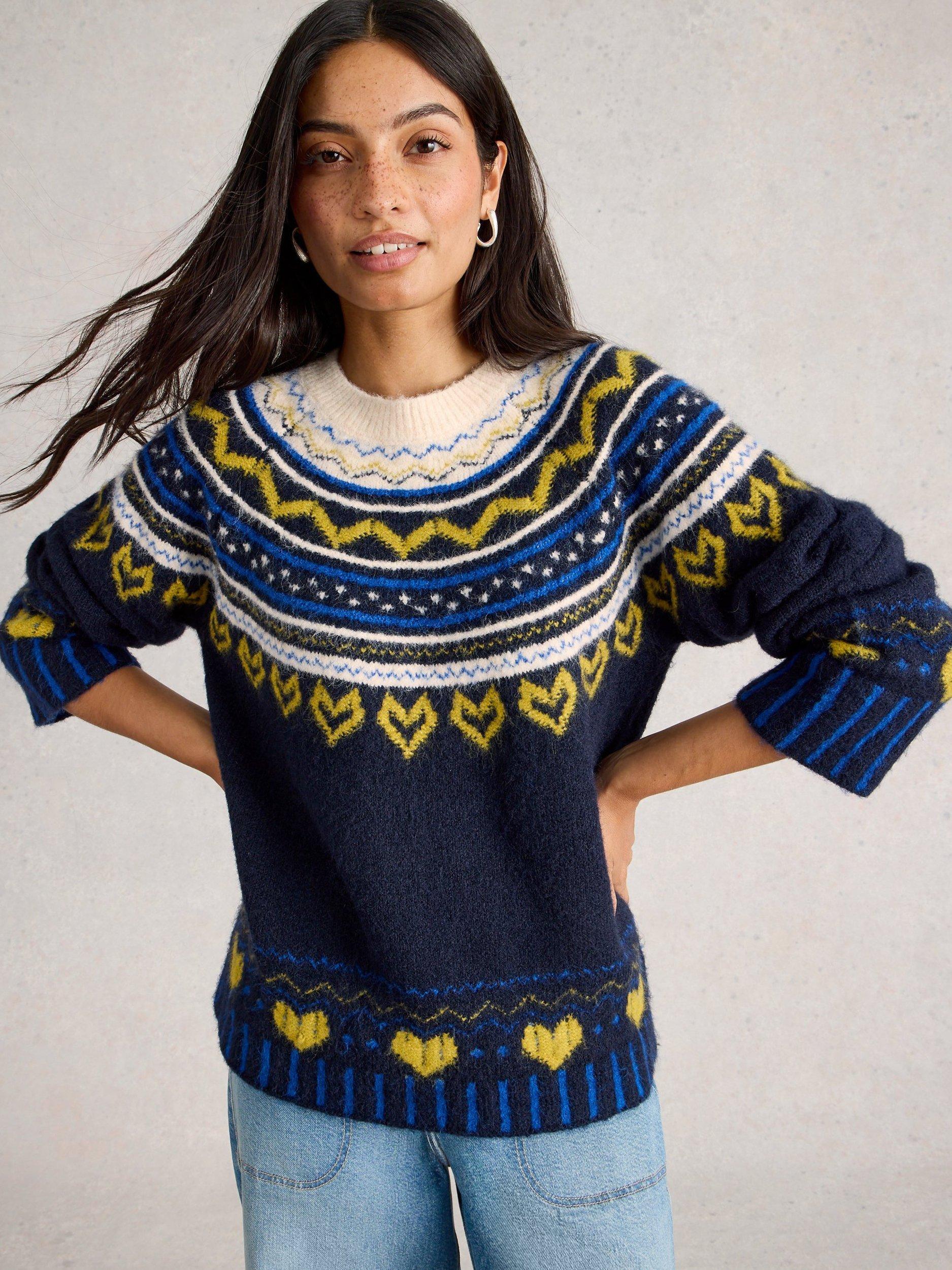 Product image 3 of 6, which shows White Stuff Harriet Fair Isle Round Neck Jumper , Blue/Multi, 6
