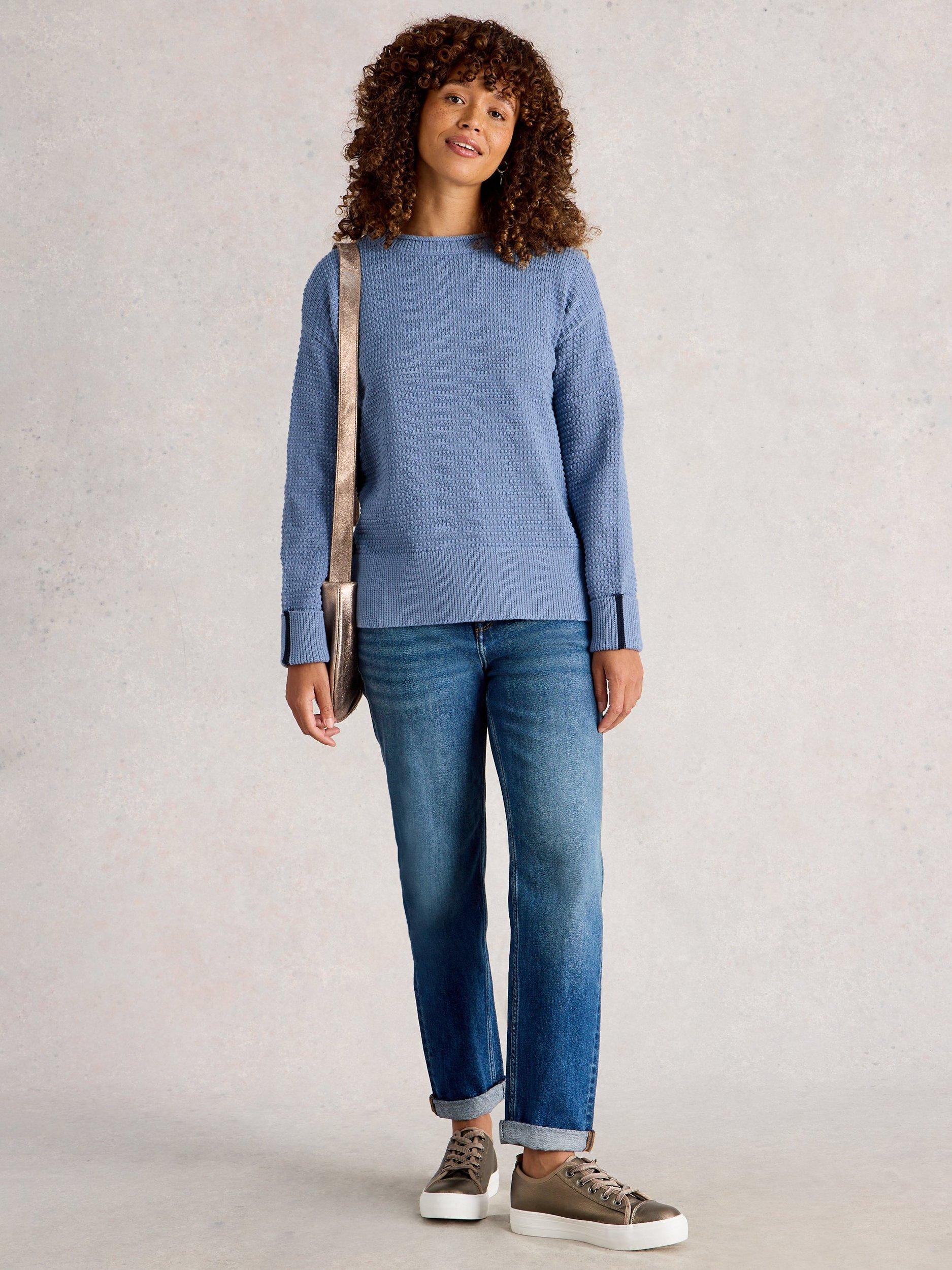 Product image 1 of 6, which shows White Stuff Jade Organic Cotton Long Sleeve Round Neck Jumper, Mid Blue, 6