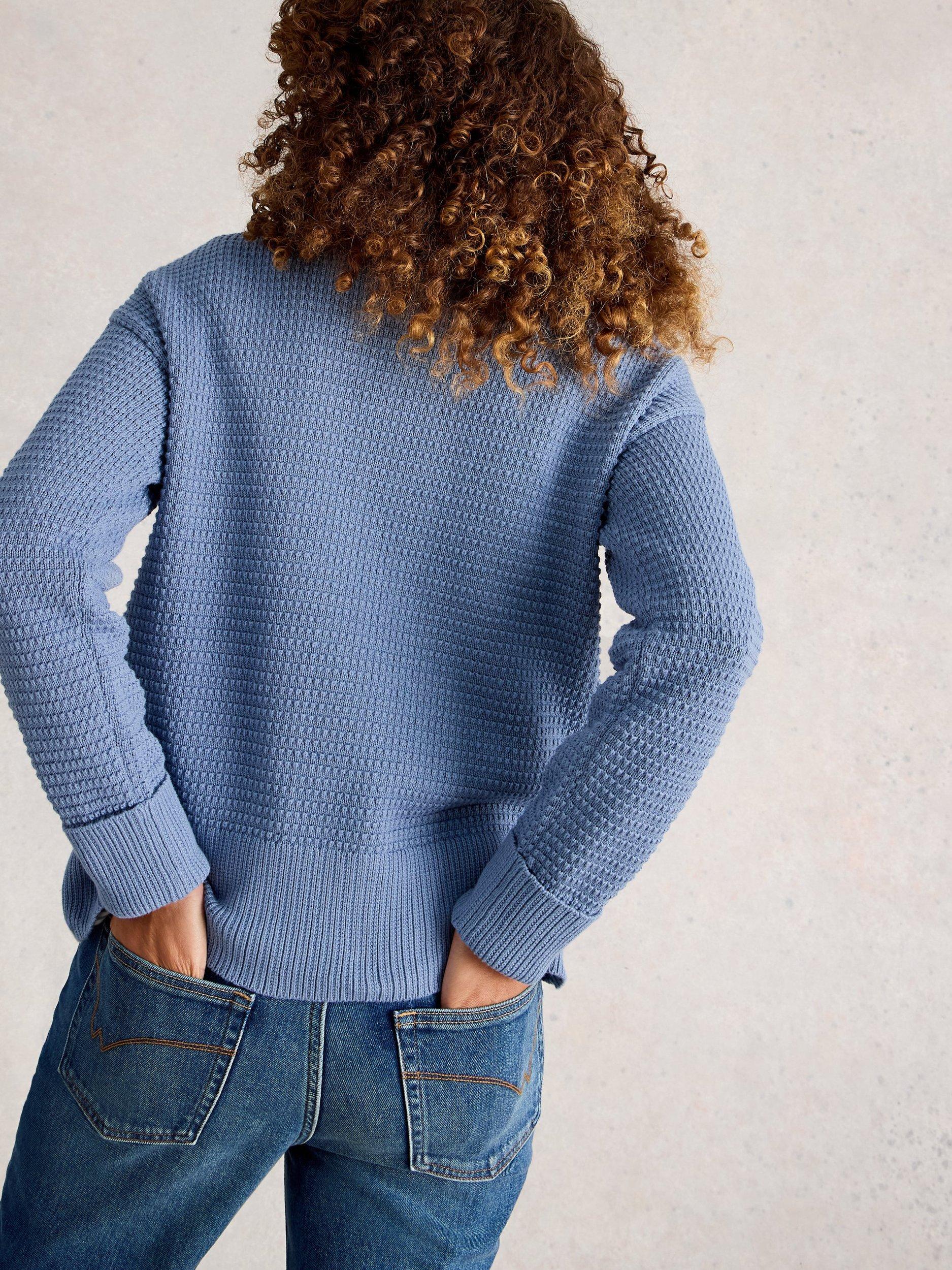 Product image 2 of 6, which shows White Stuff Jade Organic Cotton Long Sleeve Round Neck Jumper, Mid Blue, 6