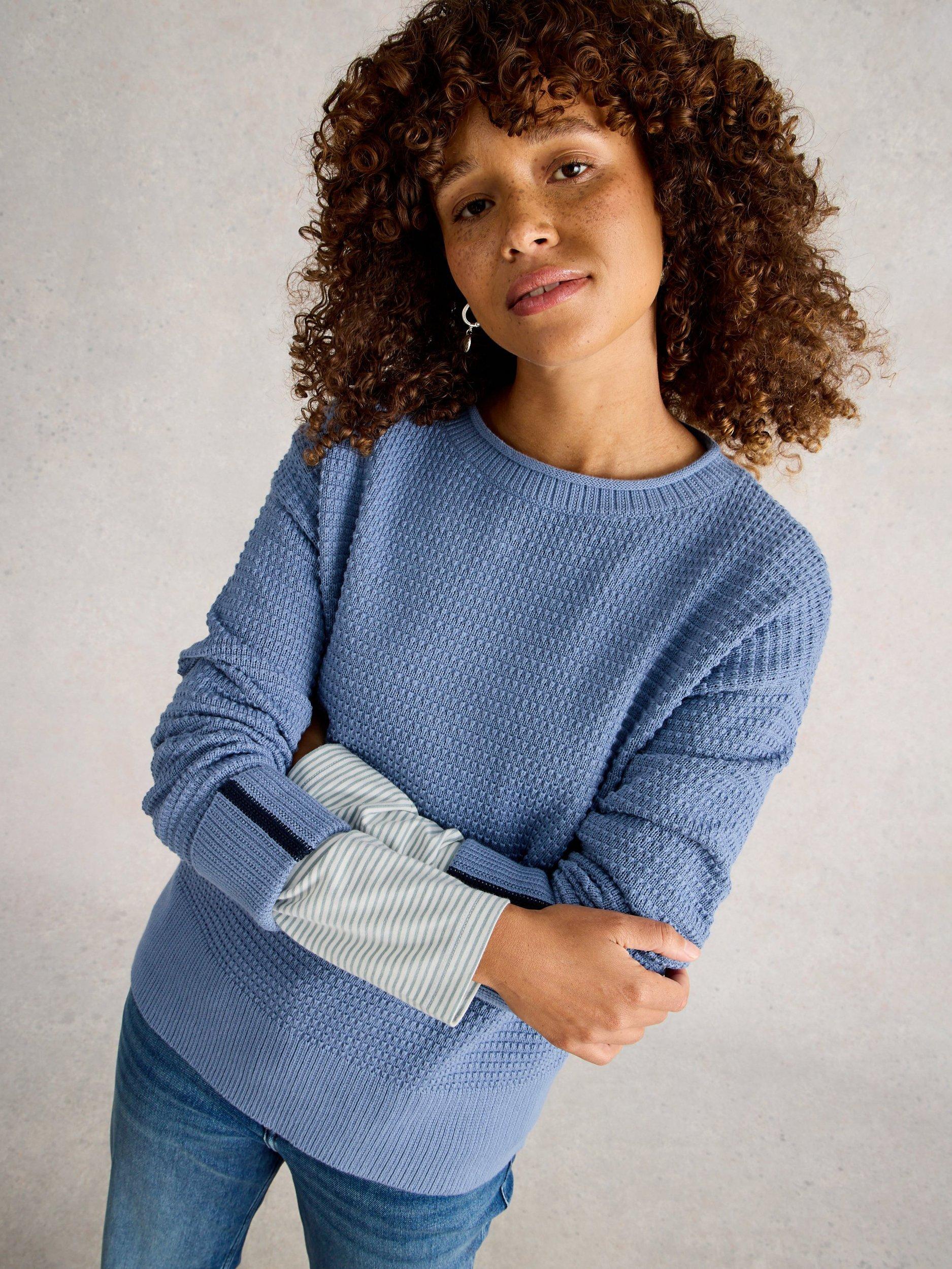 Product image 4 of 6, which shows White Stuff Jade Organic Cotton Long Sleeve Round Neck Jumper, Mid Blue, 6