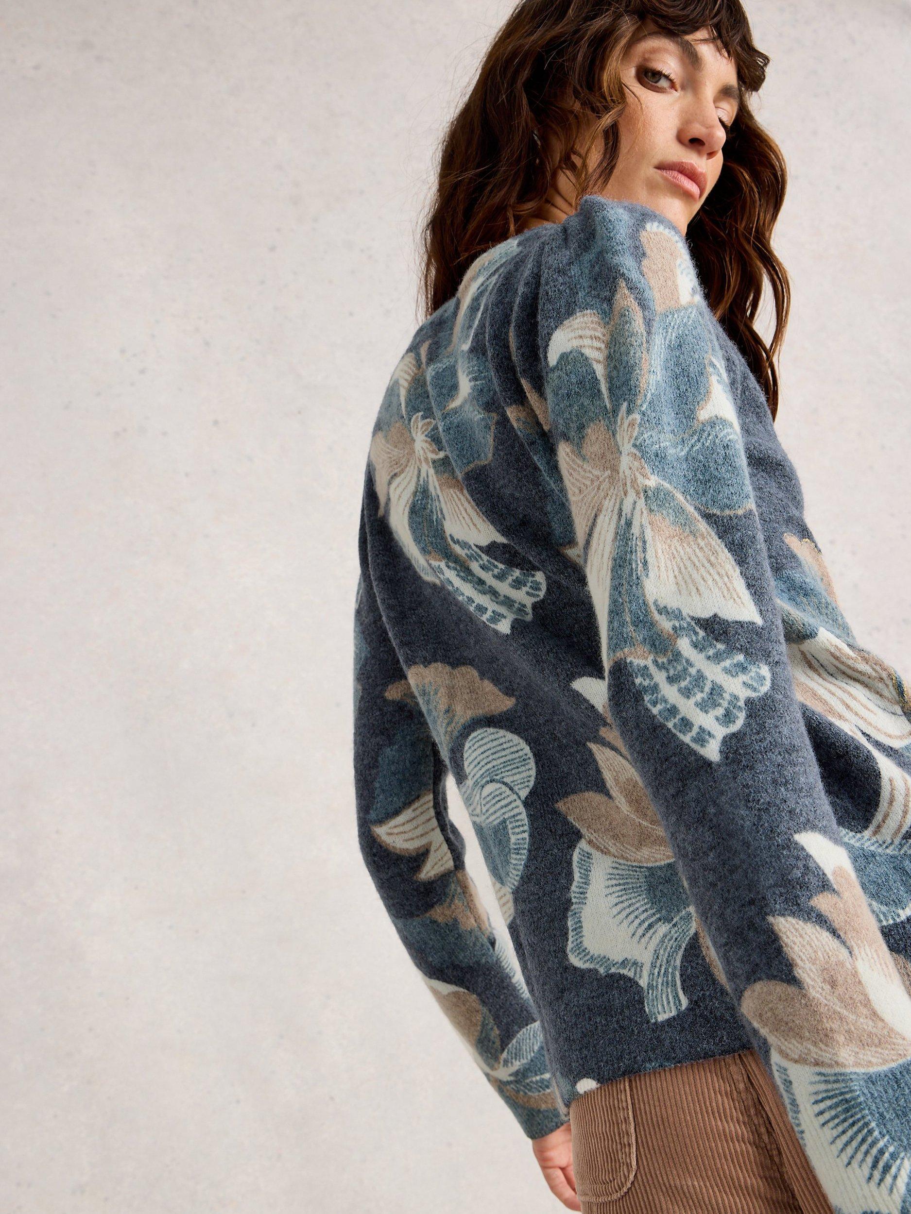 Product image 2 of 6, which shows White Stuff Jodie Floral Printed Wool Blend Jumper, Navy, 6