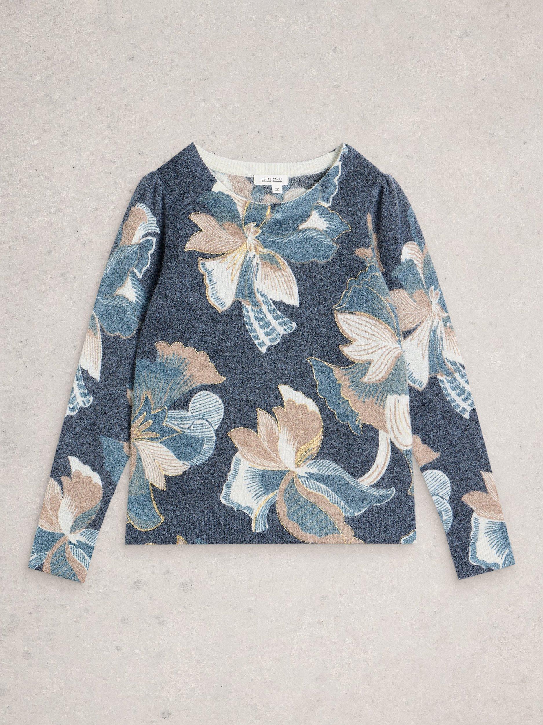 Product image 5 of 6, which shows White Stuff Jodie Floral Printed Wool Blend Jumper, Navy, 6
