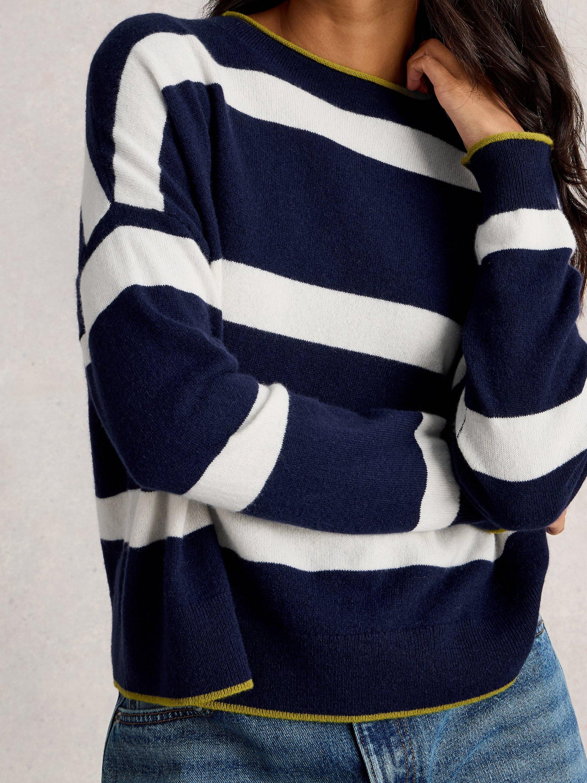 Product image 3 of 6, which shows White Stuff Kitty Cashmere Stripe Long Sleeve Crew Neck Jumper, Navy/Multi, 12