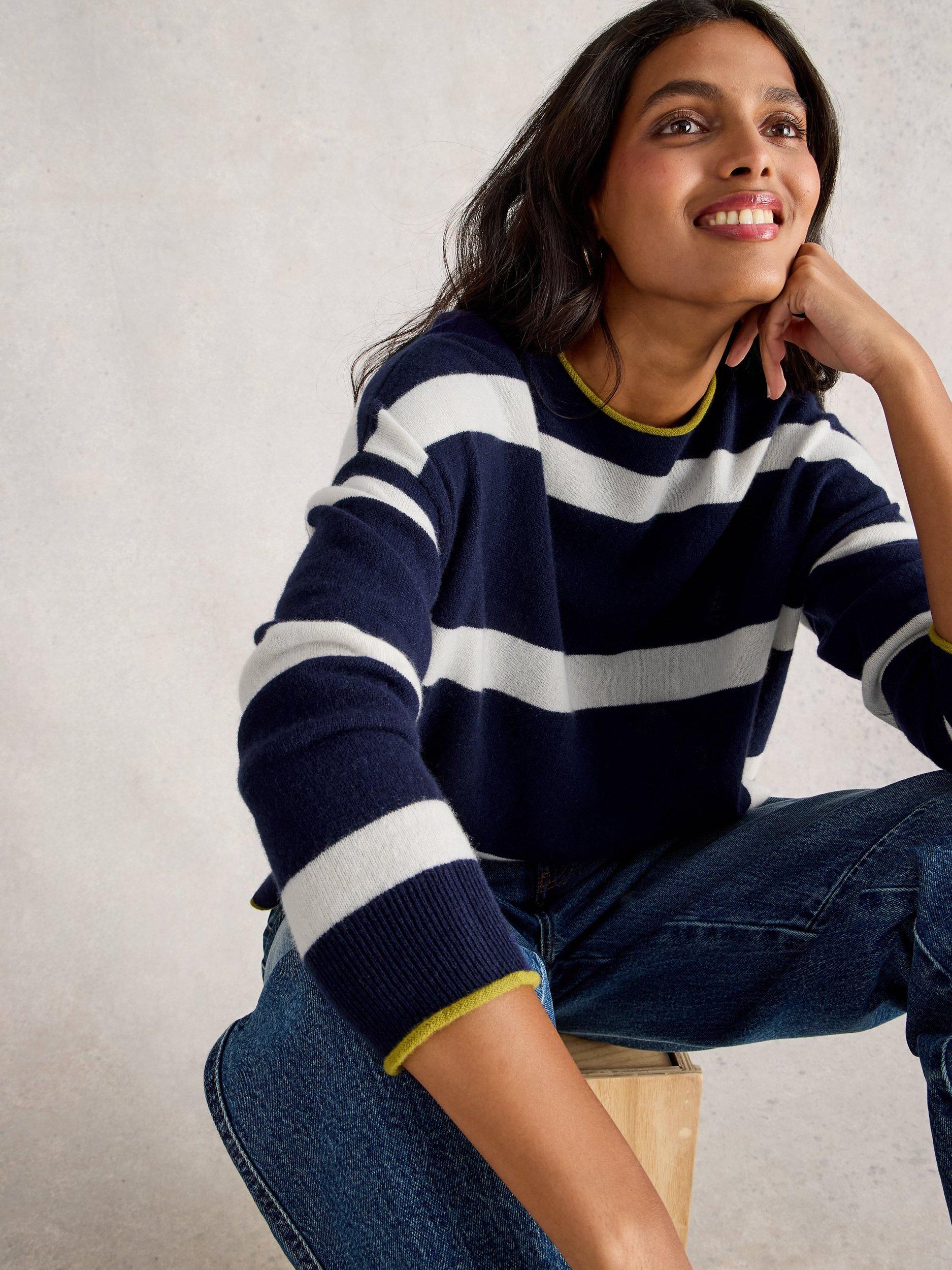 Product image 4 of 6, which shows White Stuff Kitty Cashmere Stripe Long Sleeve Crew Neck Jumper, Navy/Multi, 12