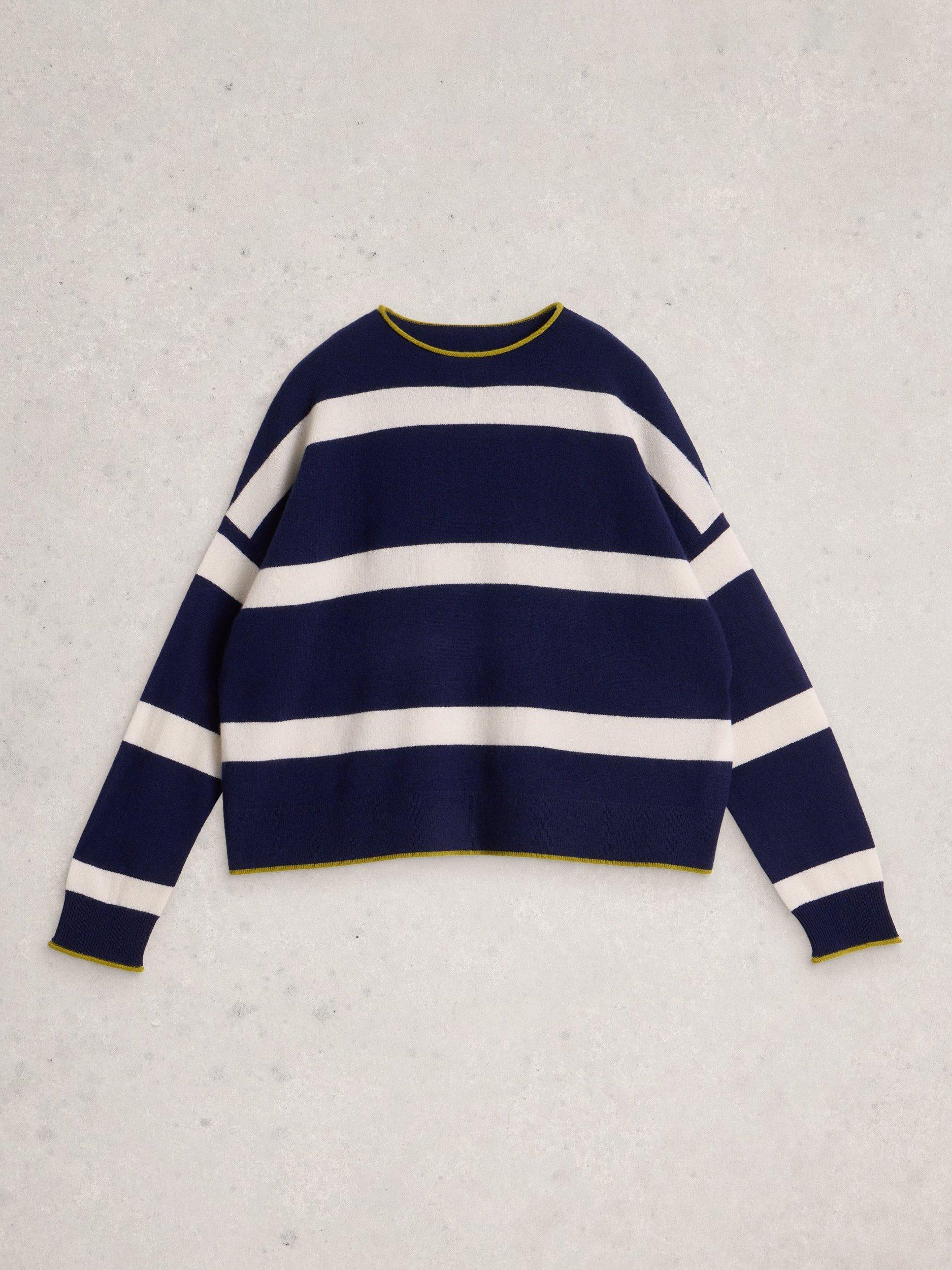 Product image 5 of 6, which shows White Stuff Kitty Cashmere Stripe Long Sleeve Crew Neck Jumper, Navy/Multi, 12