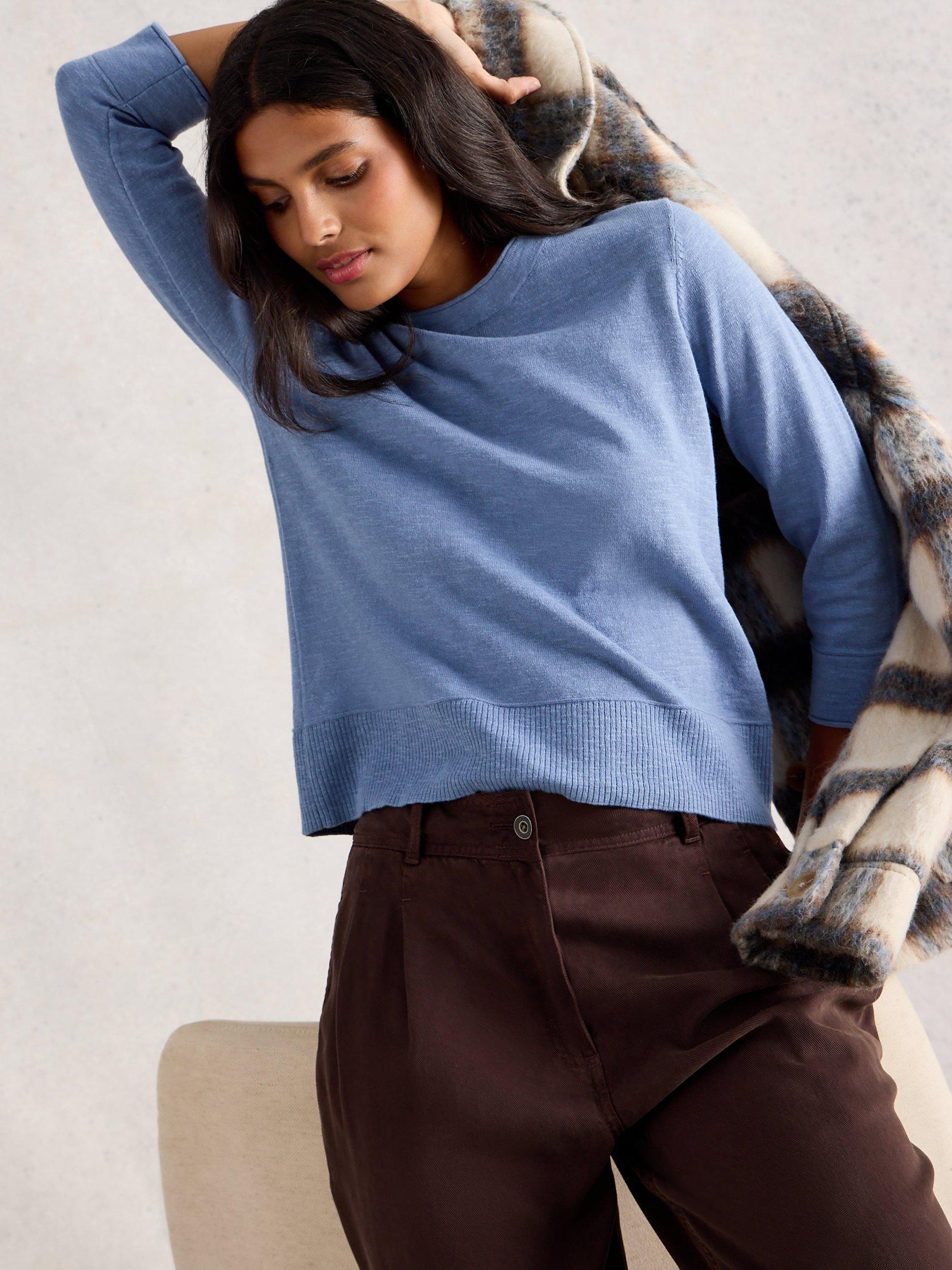 Product image 4 of 6, which shows White Stuff Crew Neck Cotton Linen Blend Jumper, Mid Blue, 6