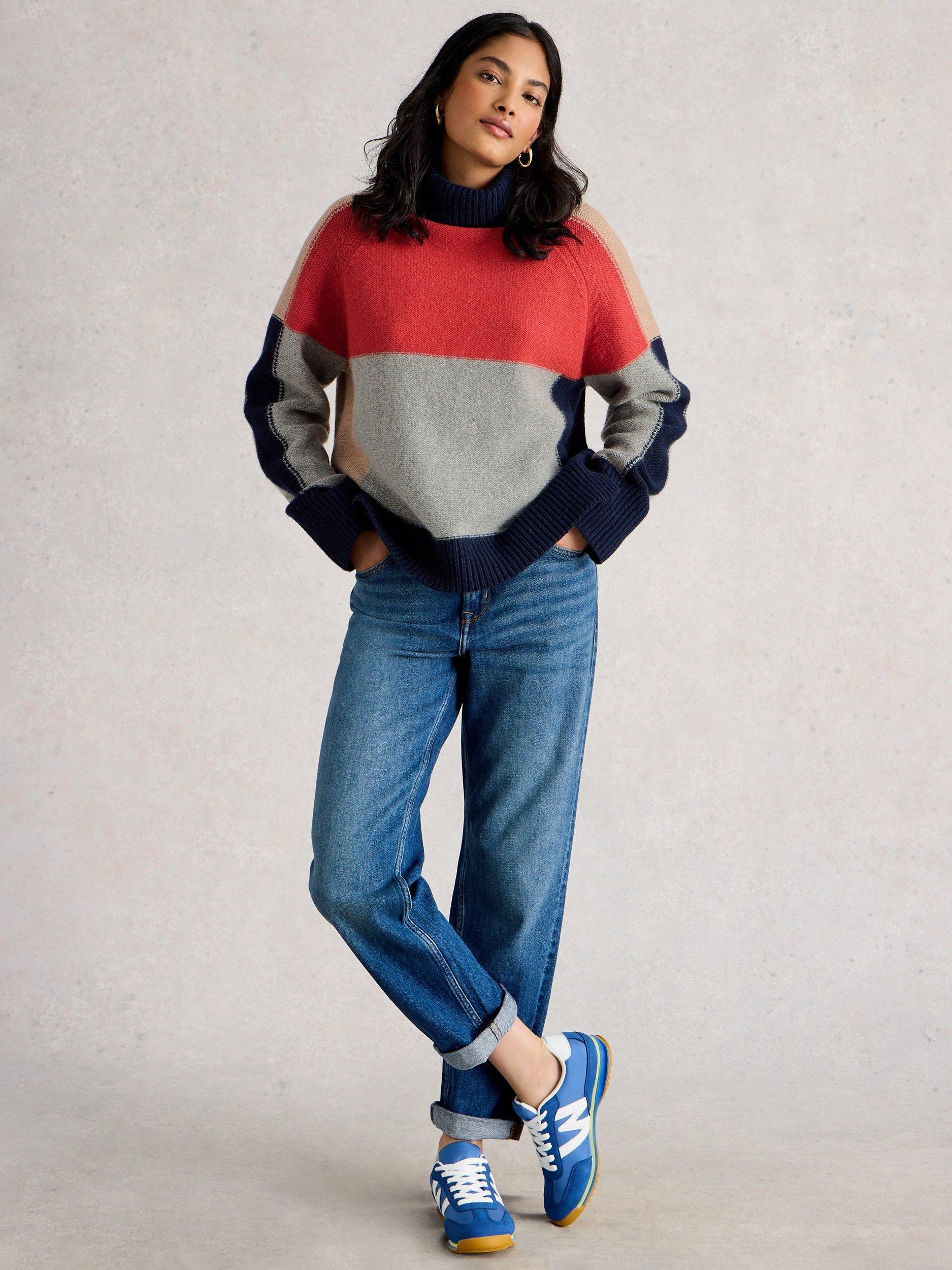 Product image 1 of 6, which shows White Stuff Mary Wool Blend Colour Block Roll Neck Jumper, Grey/Multi, 12