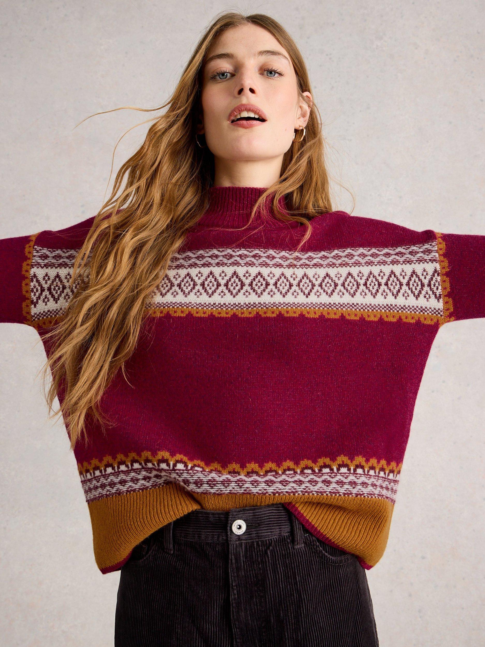 Product image 4 of 6, which shows White Stuff Millie High Neck Lambswool Blend Fairisle Jumper, Pink/Multi, 20