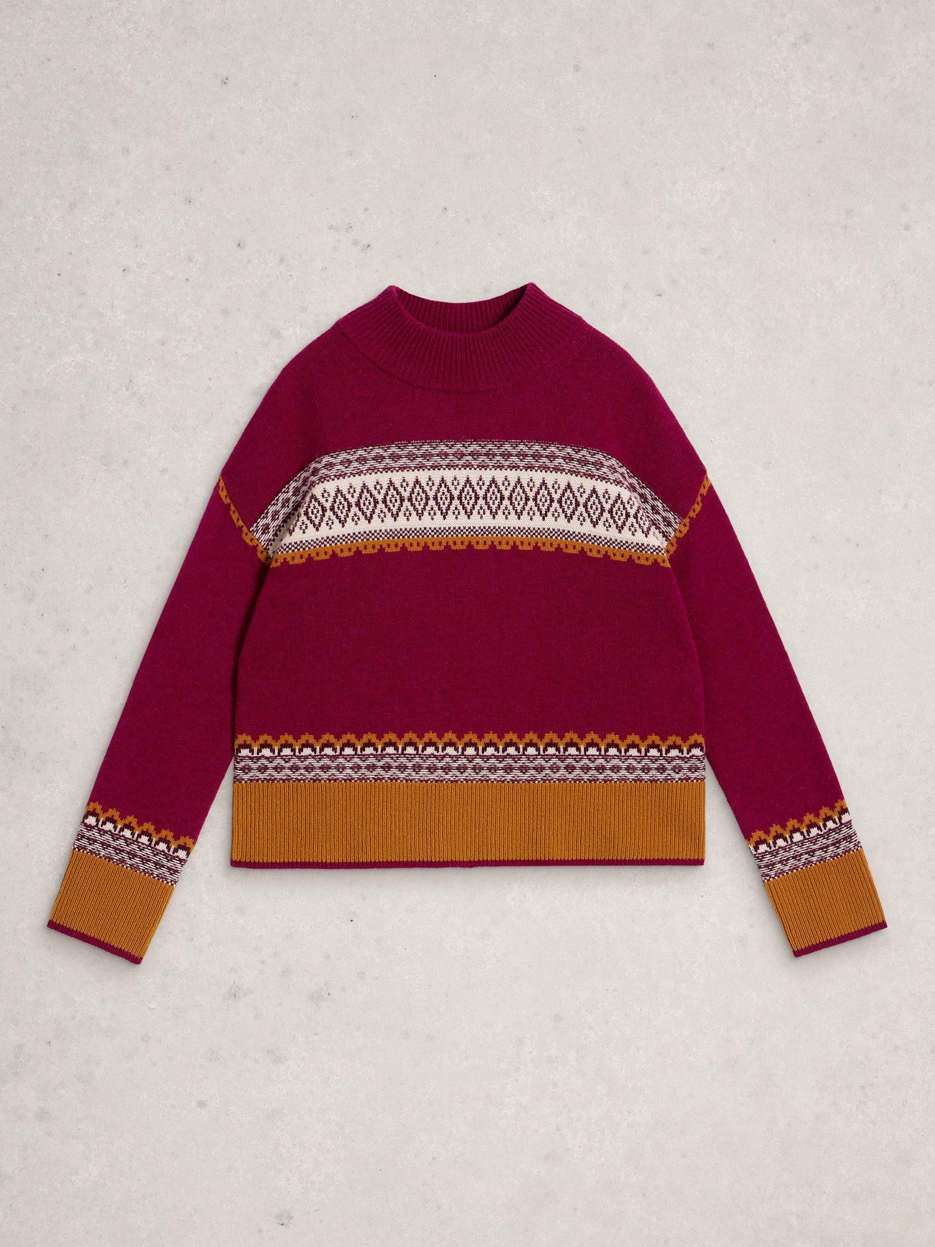 Product image 5 of 6, which shows White Stuff Millie High Neck Lambswool Blend Fairisle Jumper, Pink/Multi, 20