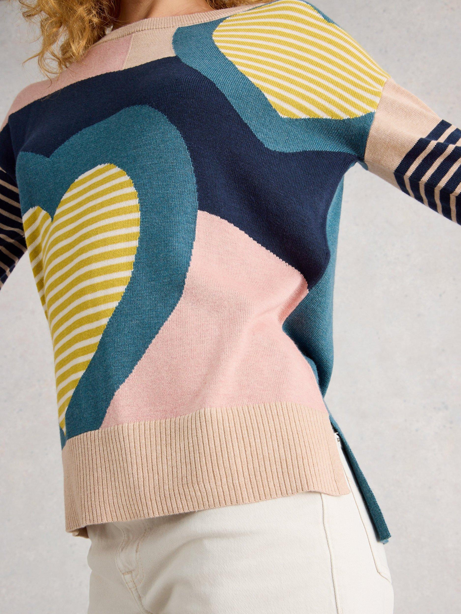 Product image 3 of 6, which shows White Stuff Olive Heart Stripes Jumper, Pink/Multi, 6