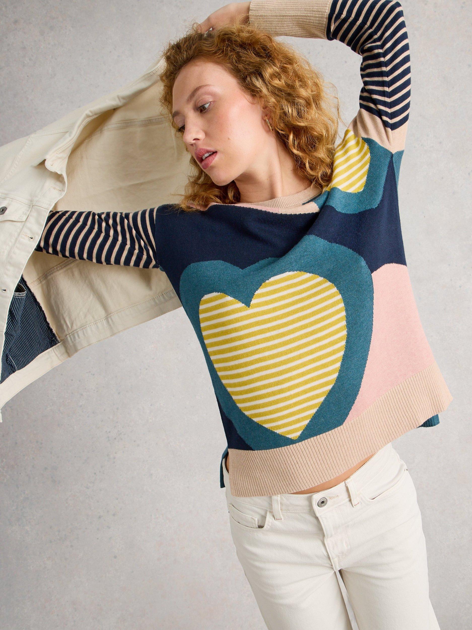 Product image 4 of 6, which shows White Stuff Olive Heart Stripes Jumper, Pink/Multi, 6