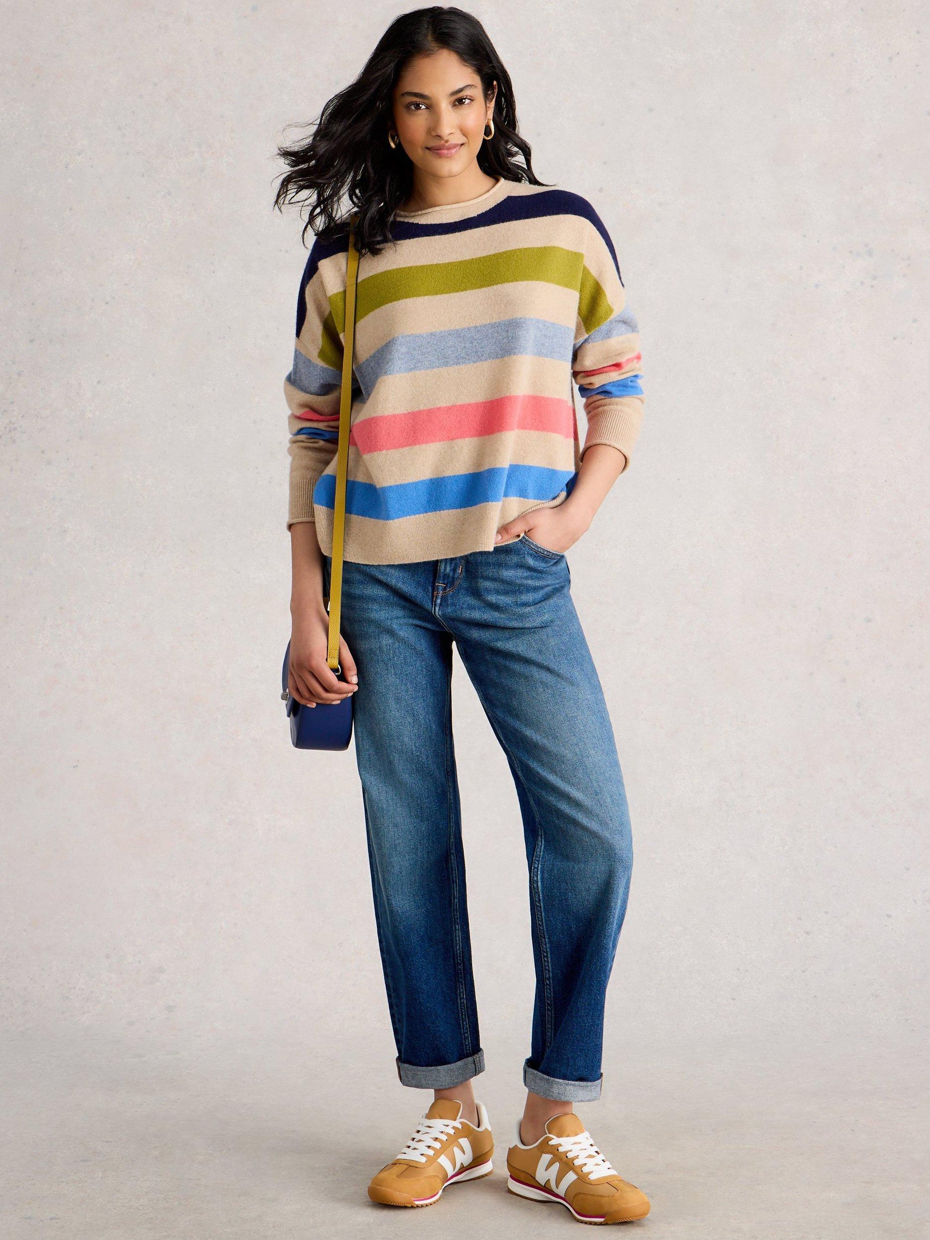 Product image 1 of 6, which shows White Stuff Cashmere Stripe Jumper, Grey/Multi, 14