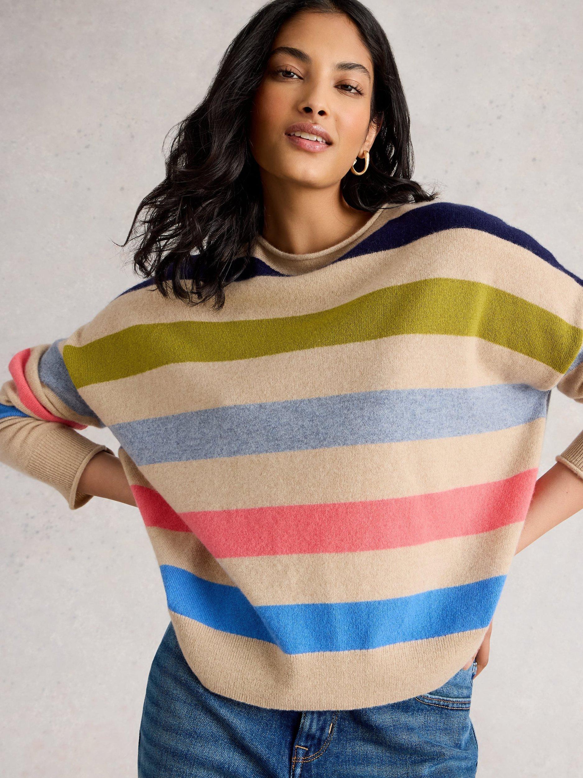 Product image 3 of 6, which shows White Stuff Cashmere Stripe Jumper, Grey/Multi, 14