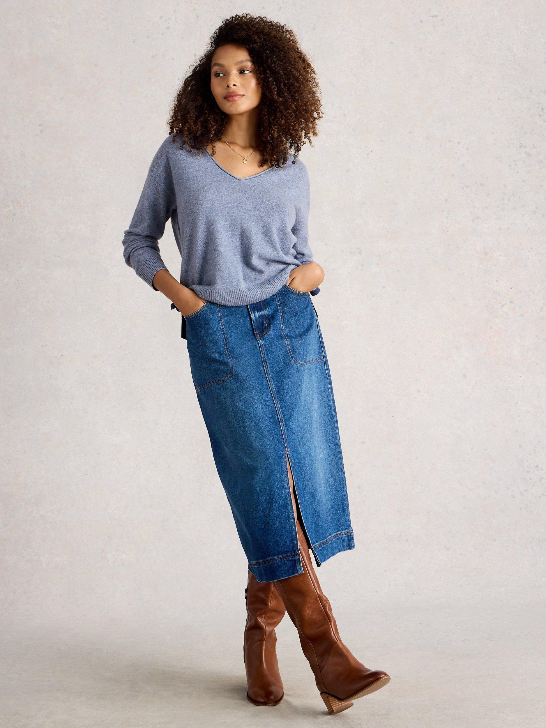 Product image 1 of 6, which shows White Stuff Cashmere V Neck Jumper, Mid Blue, 10