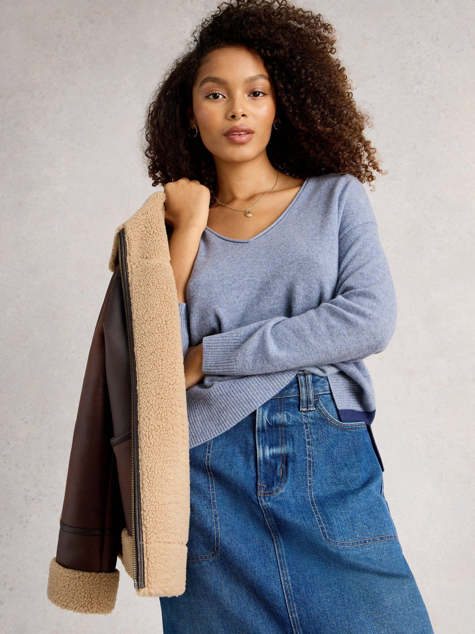 Product image 4 of 6, which shows White Stuff Cashmere V Neck Jumper, Mid Blue, 10