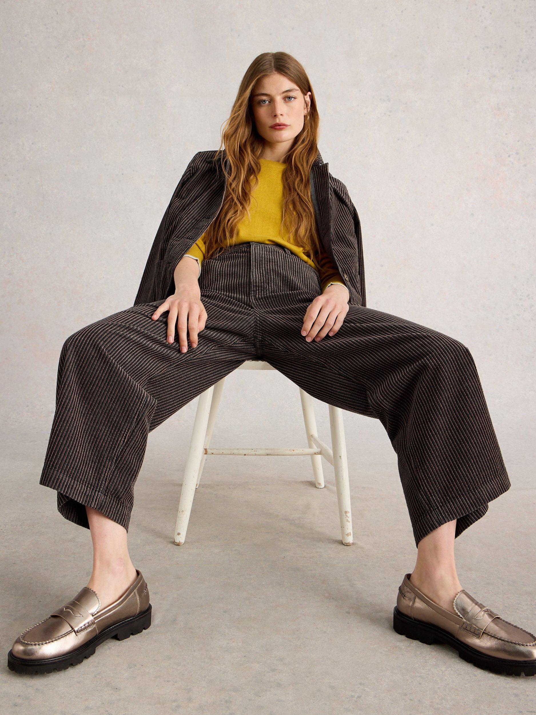 Product image 4 of 6, which shows White Stuff Tia Cotton Wide Leg Cropped Trousers, Black/Multi, 12R