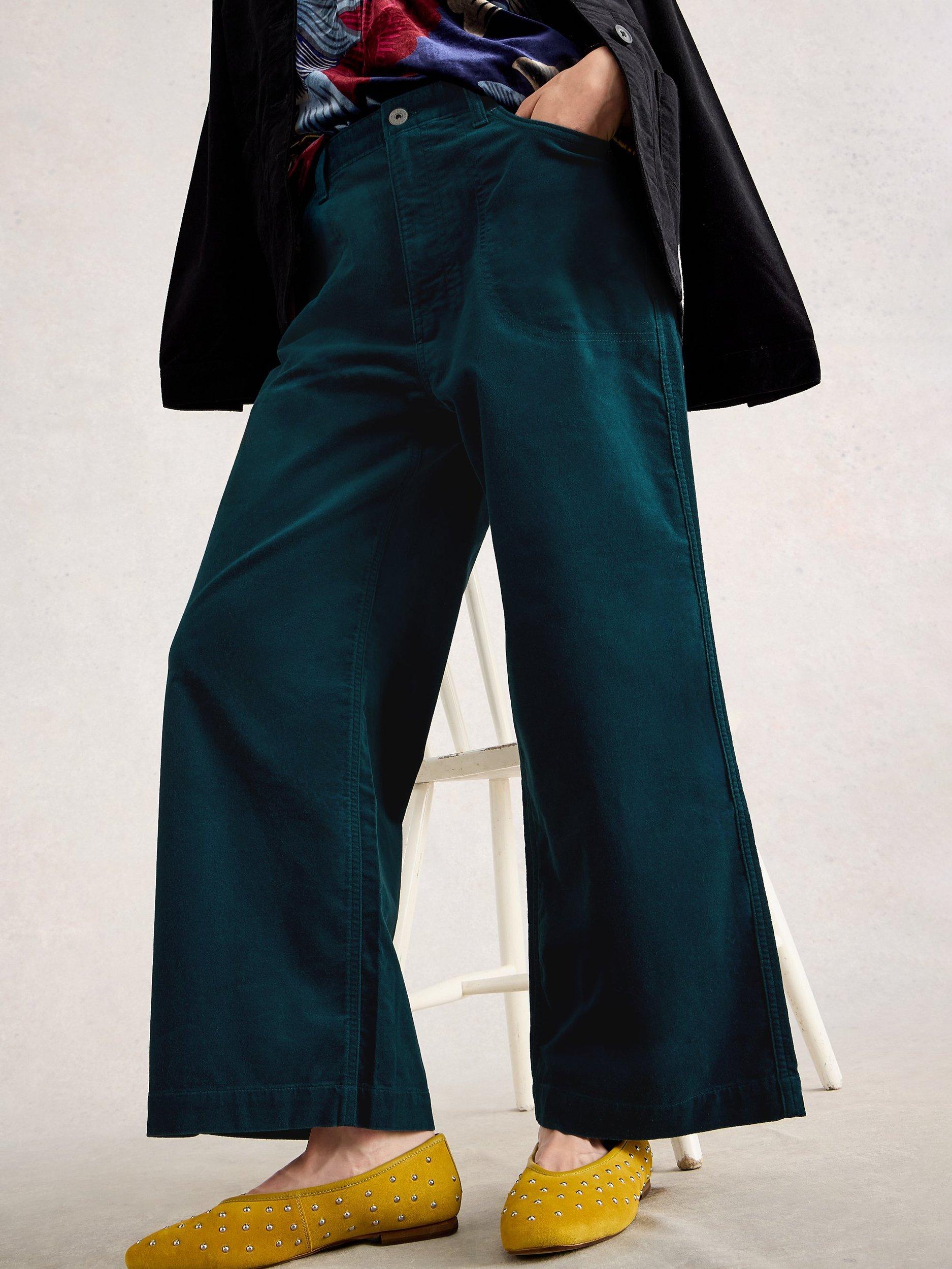 Product image 4 of 6, which shows White Stuff Tia Cropped Velvet Trousers, Dark Teal, 6R
