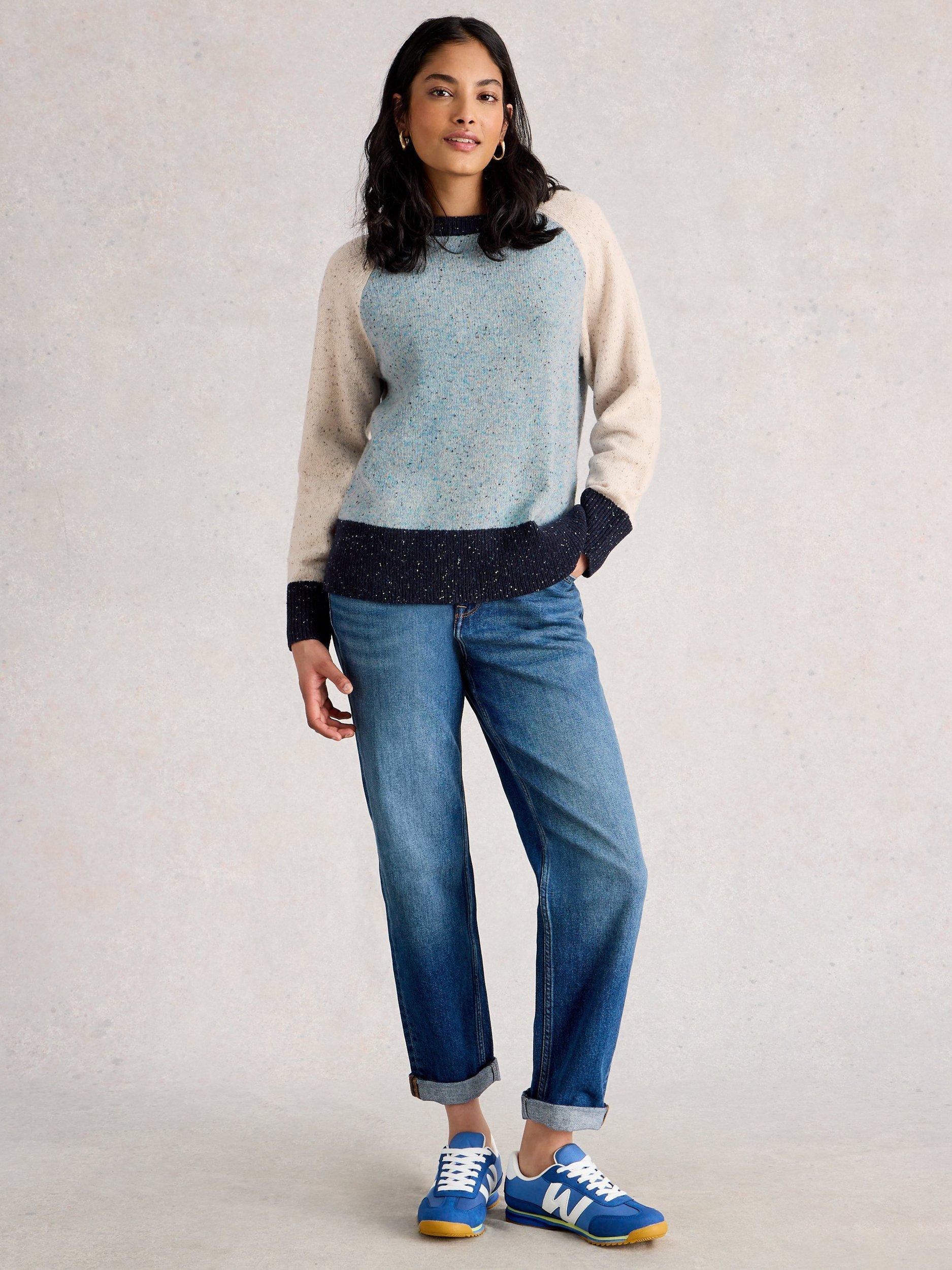 Product image 1 of 6, which shows White Stuff Wool Blend Colour Block Long Sleeve Crew Neck Jumper, Blue/Multi, 22